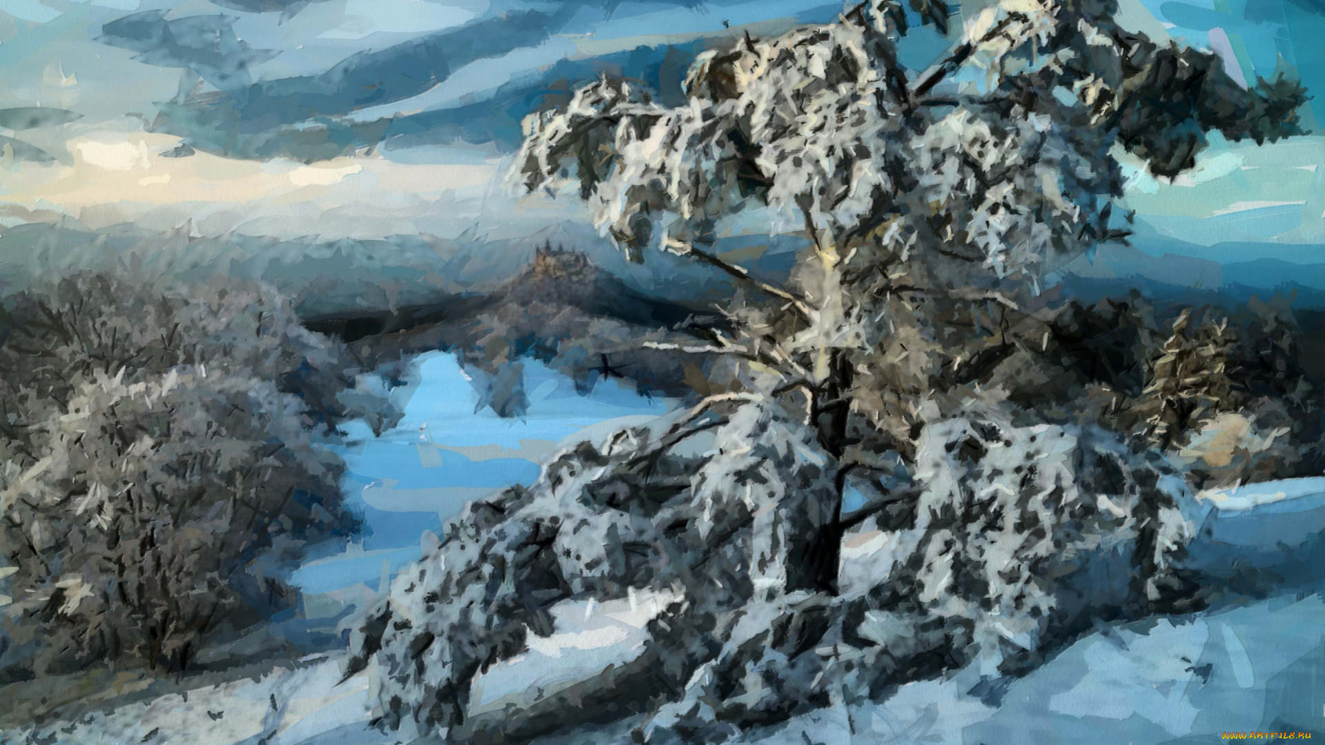 рисованное, природа, зима, пейзаж, снег, лес, деревья