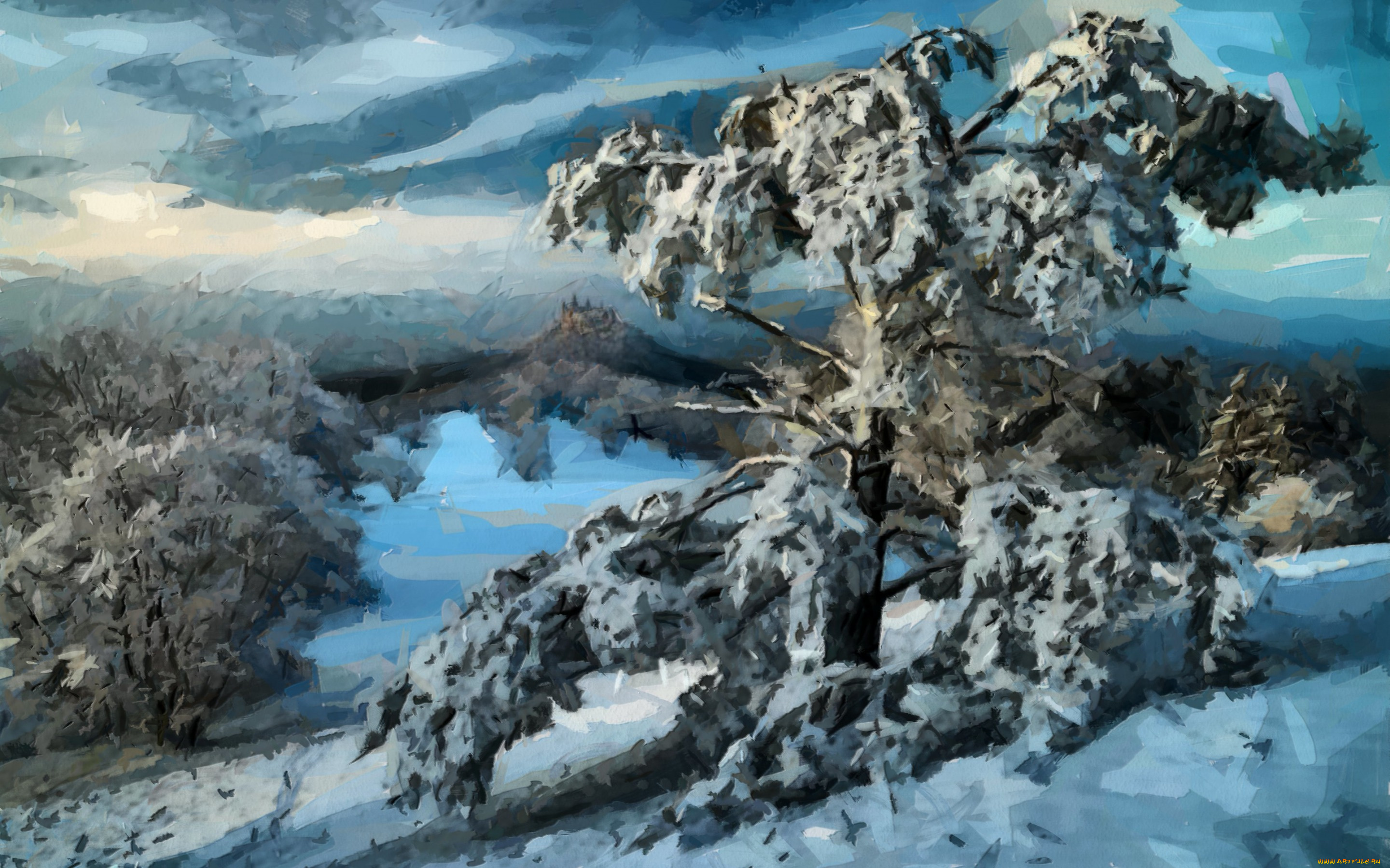 рисованное, природа, зима, пейзаж, снег, лес, деревья