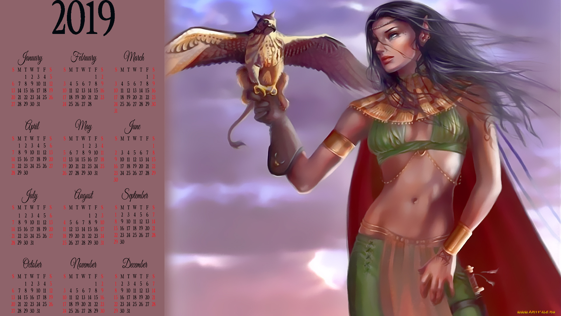 календари, фэнтези, девушка, существо, животное, крылья