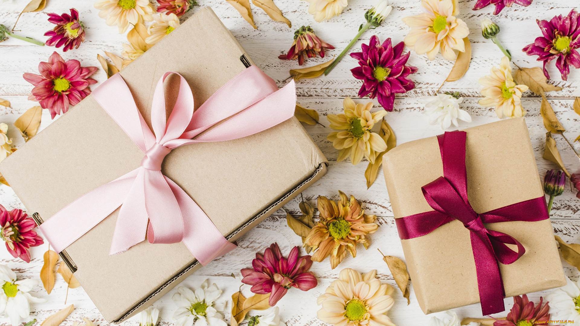 праздничные, подарки, и, коробочки, подарки, ленты, банты, хризантемы