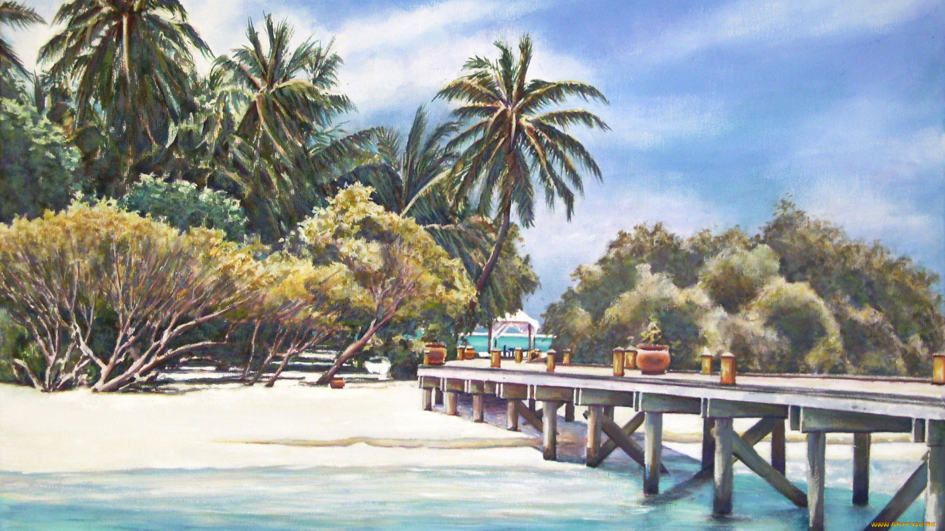 andy, lloyd, beach, in, the, maldives, рисованные, мальдивы, мостик, пальмы, тропики