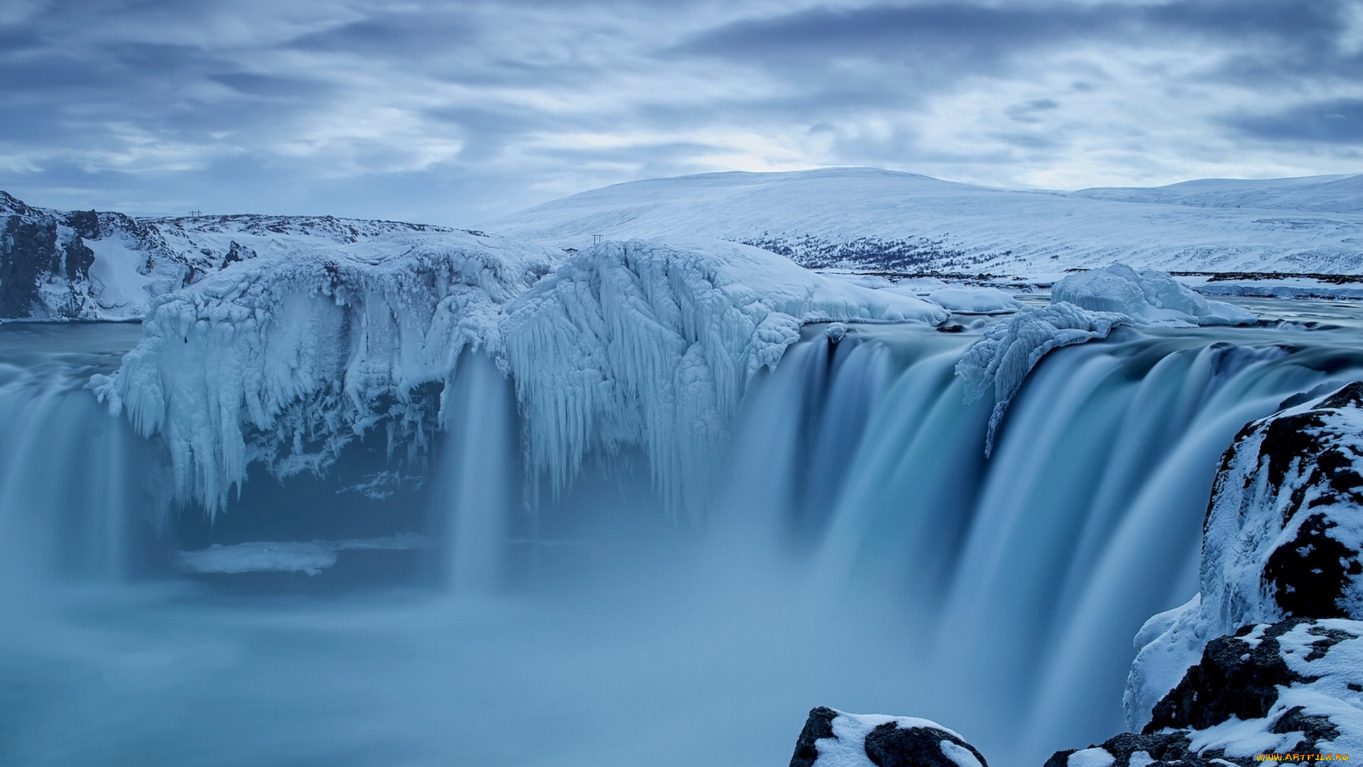 godafoss, iceland, природа, водопады, лёд, годафосс, исландия, зима