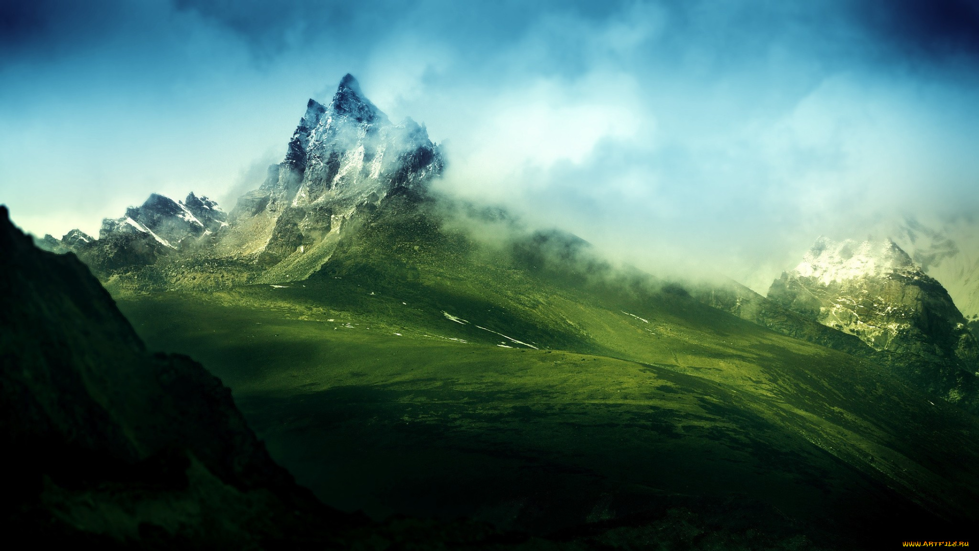 природа, горы, зелень, трава, туман, пики