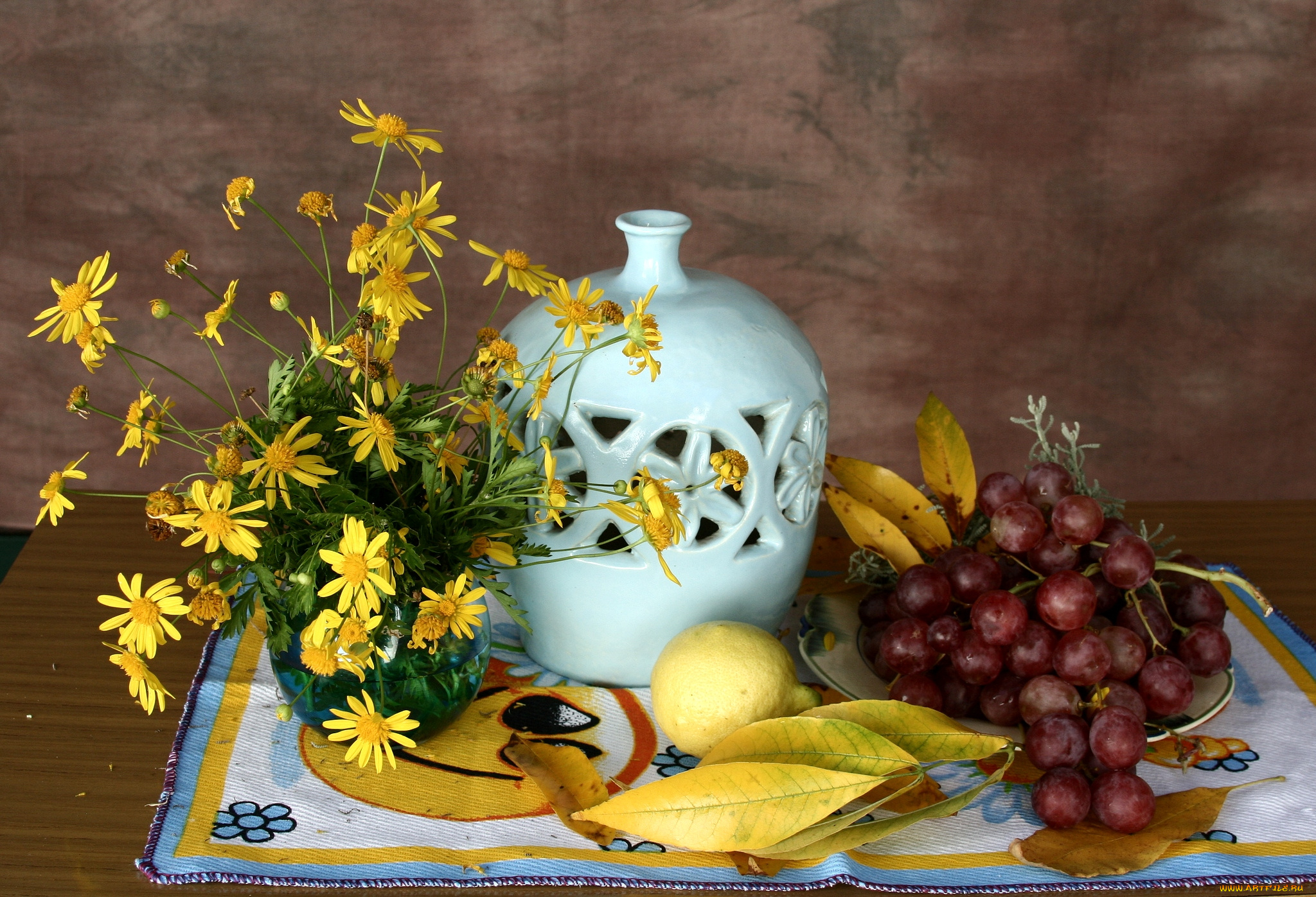 еда, натюрморт, виноград, лимон, цветы