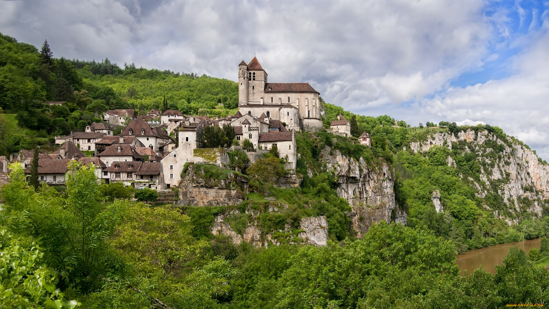 saint-cirq-lapopie, , france, города, -, пейзажи, здания, церковь, скала, деревня, франция, france