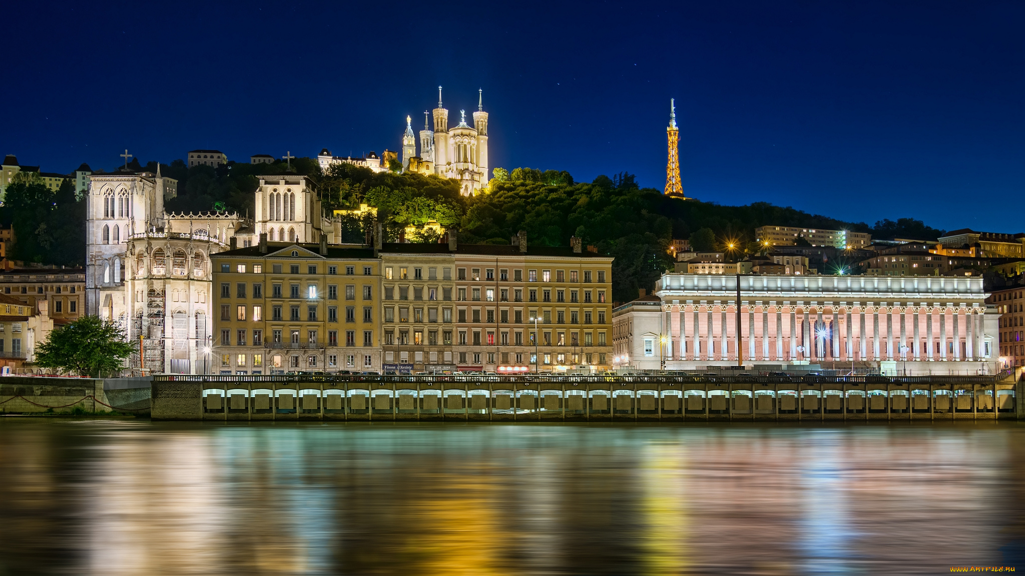 lyon, , france, города, -, огни, ночного, города, базилика, нотр-дам-де-фурвьер, лион, франция, france, rhone, river, basilica, of, notre-dame, de, fourviere, здания, набережная, река, рона