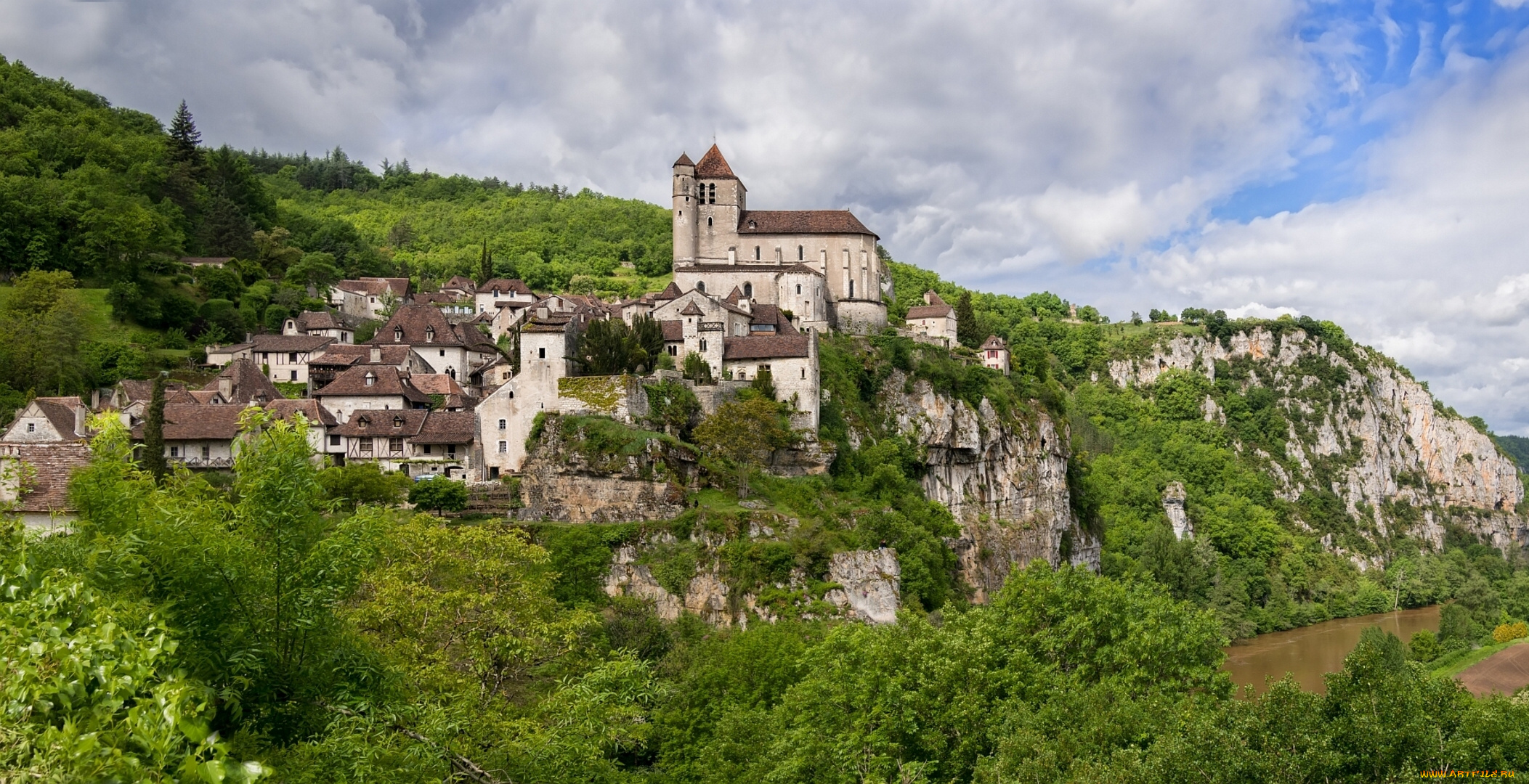 saint-cirq-lapopie, , france, города, -, пейзажи, здания, церковь, скала, деревня, франция, france