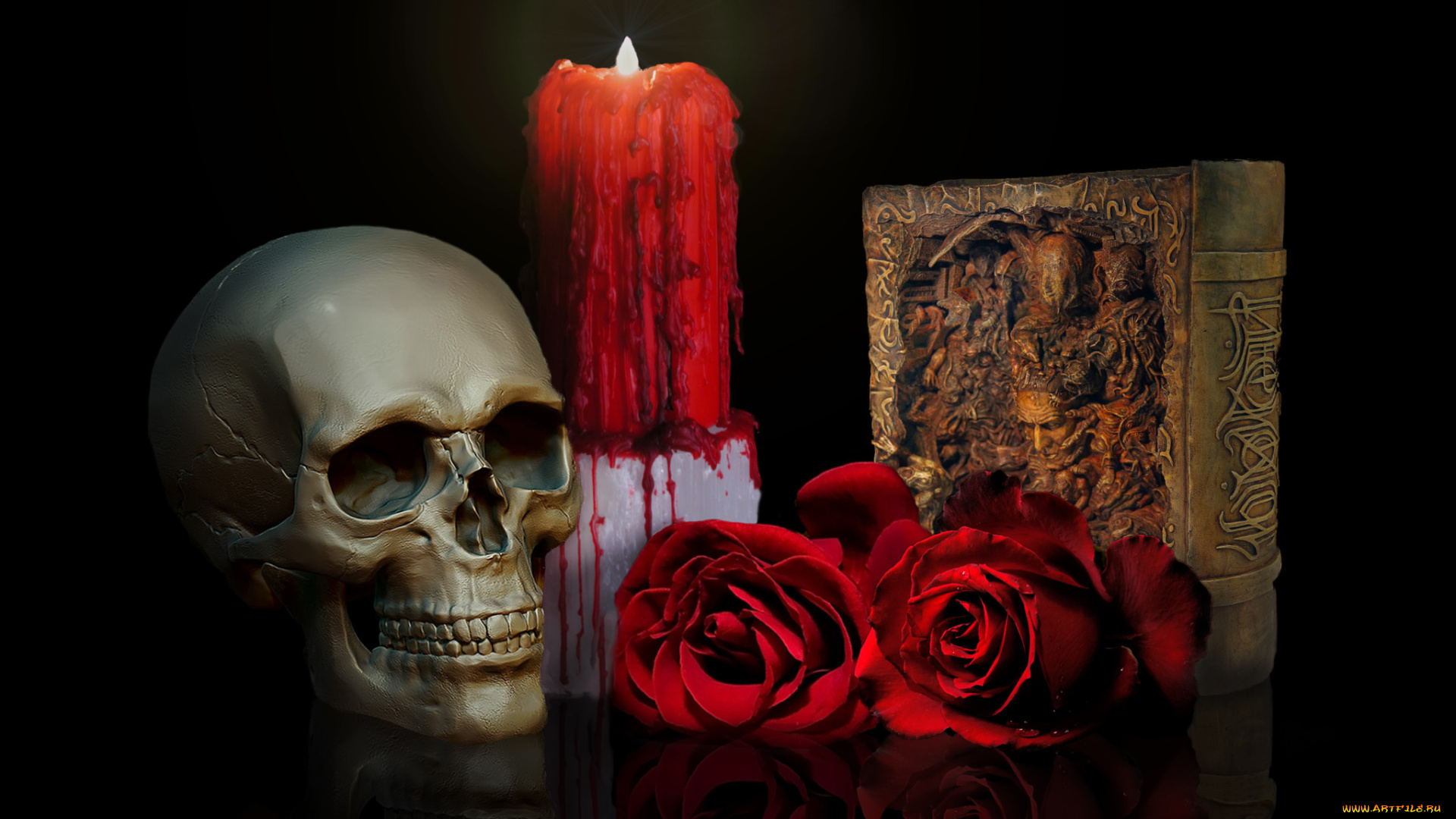 фэнтези, нежить, книга, розы, свеча, череп