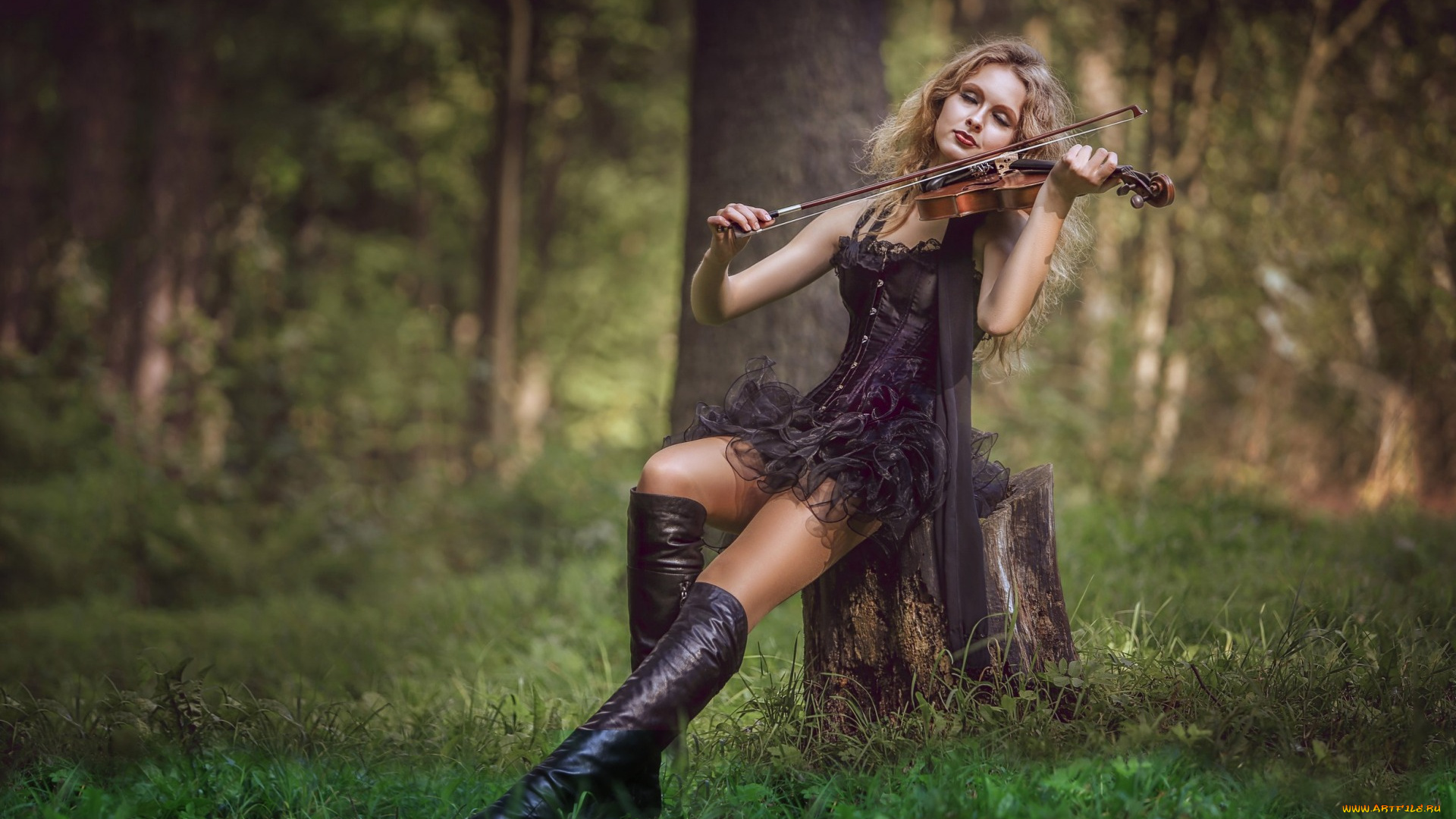 музыка, -другое, лес, сапоги, скрипка, платье, пень, настроение, сергей, рехов, девушка