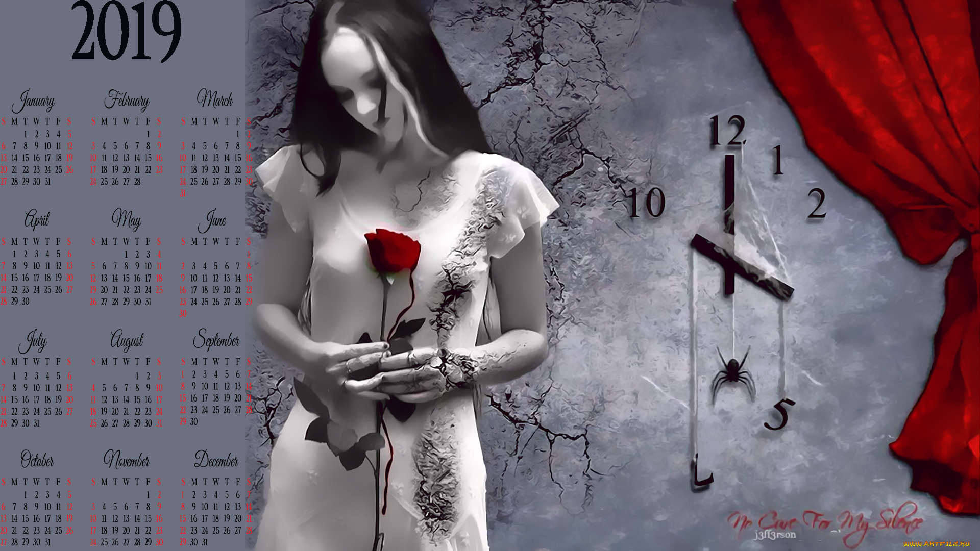 календари, фэнтези, паук, часы, цветок, девушка, роза