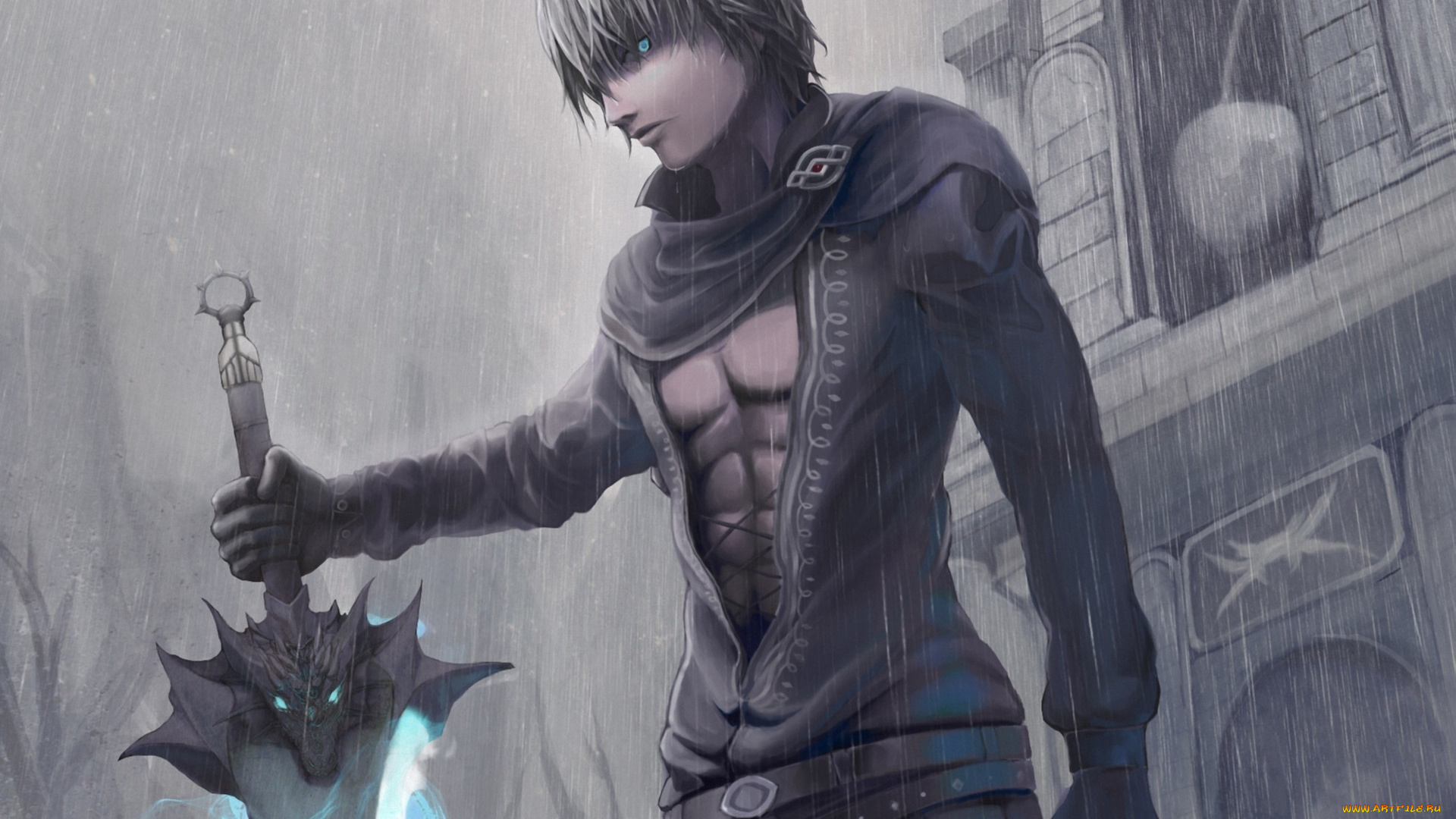 аниме, -weapon, , blood, &, technology, арт, магия, меч, дождь, парень, maningusu