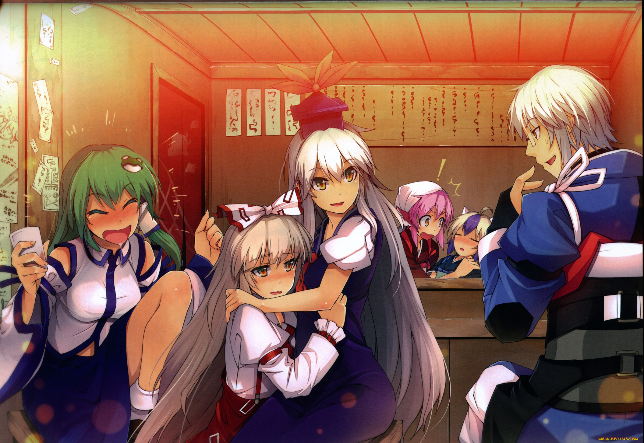 аниме, touhou, длинные, волосы, смех, смущение, бант, тоха, eho, art, очки, kochiya, sanae, kamishirasawa, keine, fujiwara, no, mokou, парень, девушки, mystia, lorelei, morichika, rinnosuke