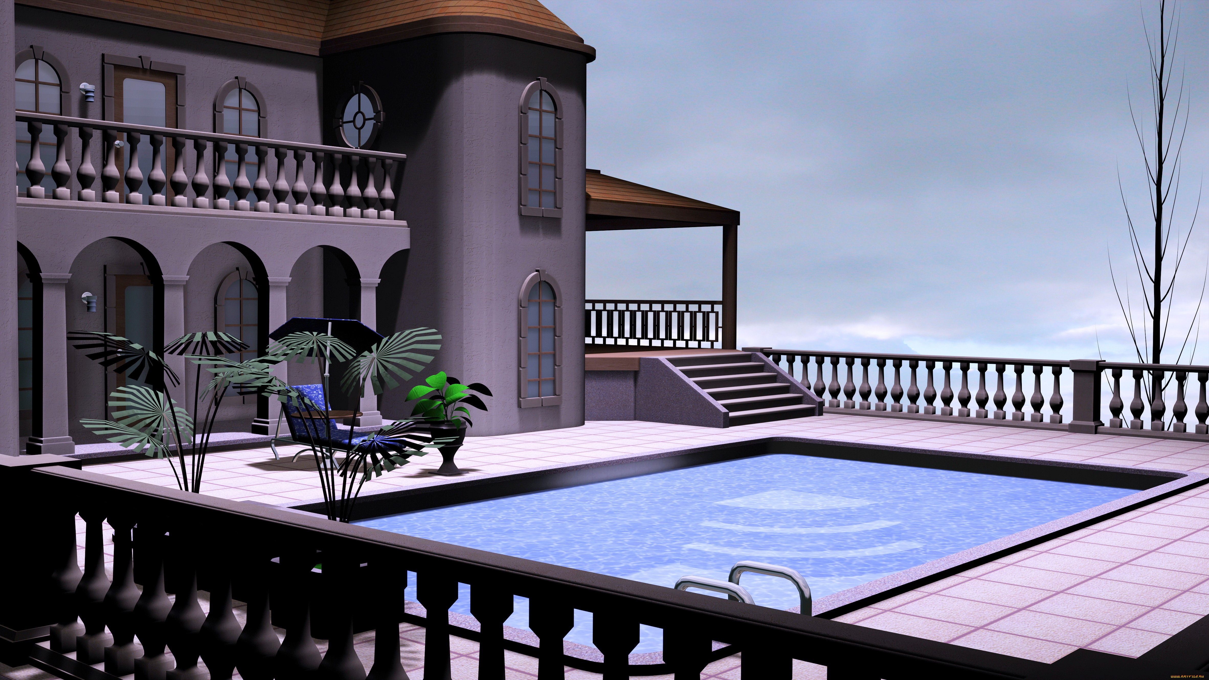 3д, графика, реализм, , realism, дом, бассейн, вила, растение, балкон, лестница