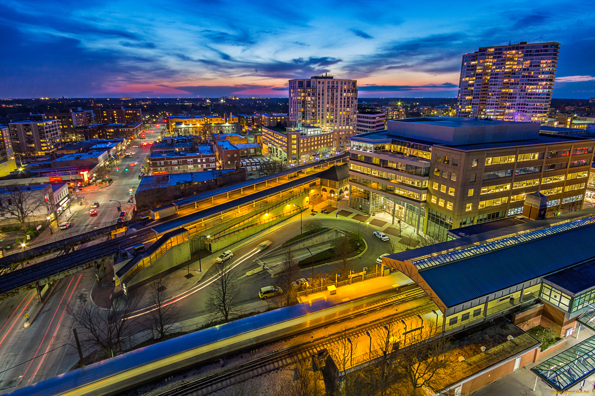 aerial, evanston, города, -, огни, ночного, города, рассвет