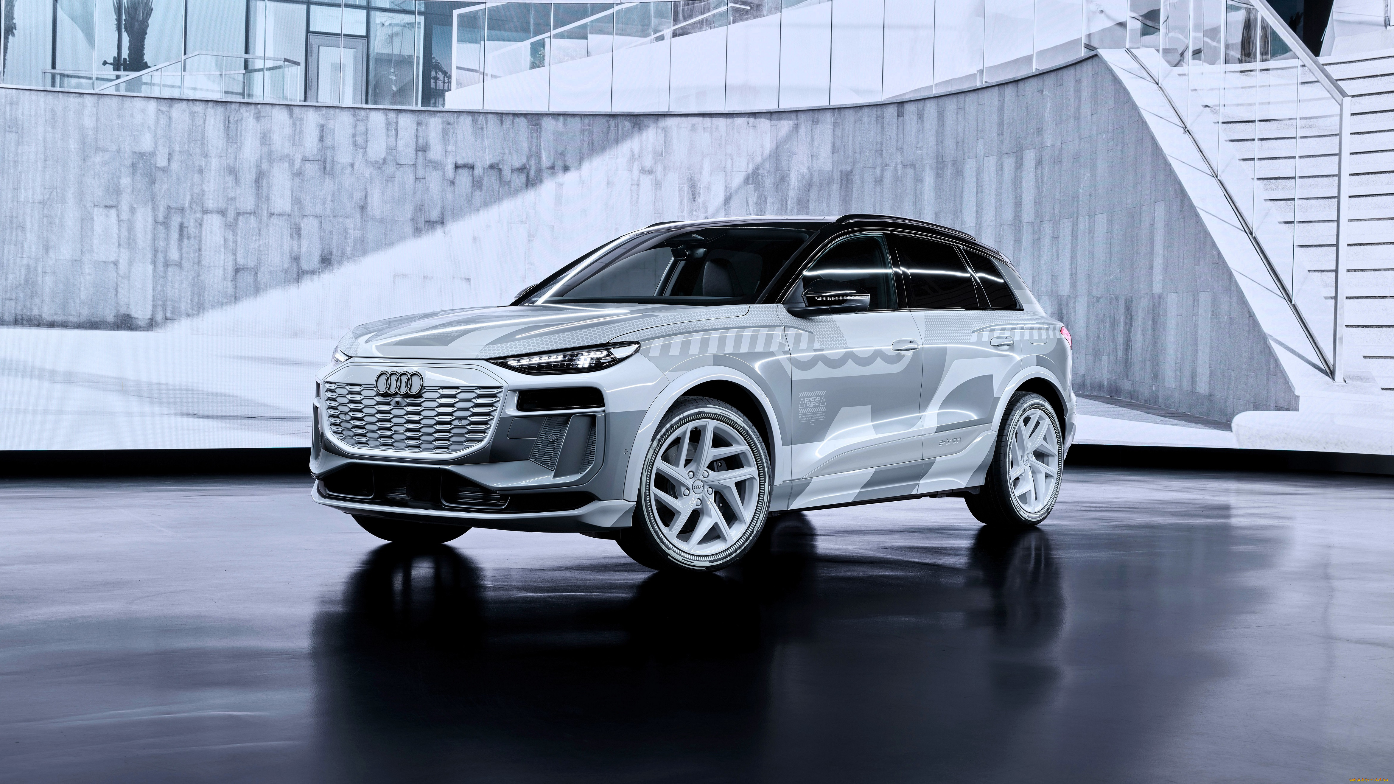 audi, q6, e-tron, prototype, show, car, suv, автомобили, audi, серебристый, здание