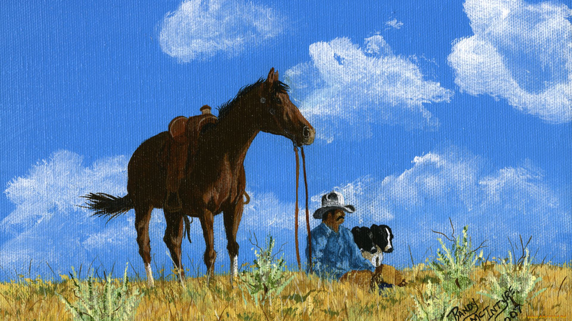 рисованные, живопись, ковбой, лошадь, собака