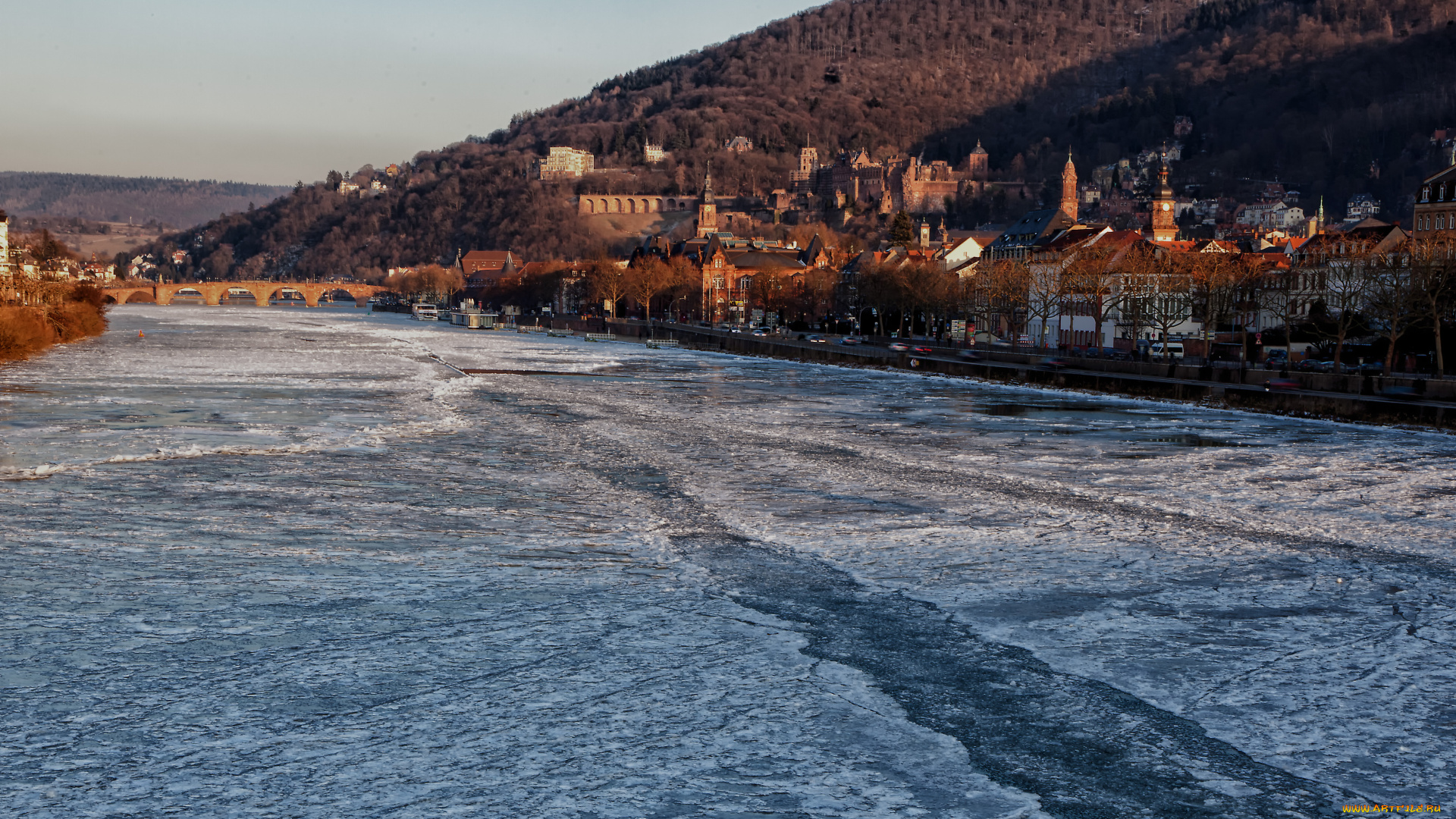 heidelberg, frozen, города, гейдельберг, германия, здания, мост, гордские, лед, река