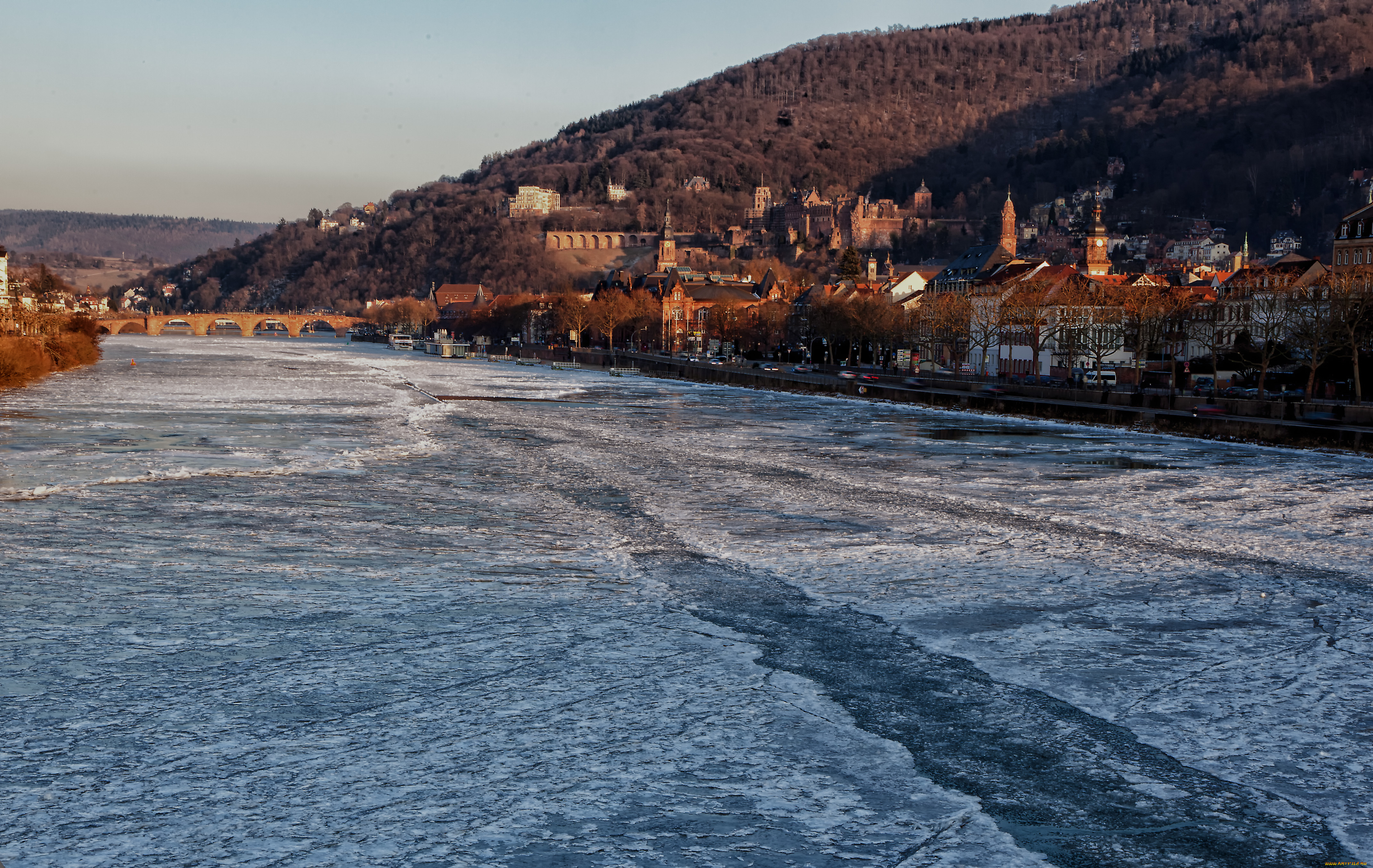 heidelberg, frozen, города, гейдельберг, германия, здания, мост, гордские, лед, река