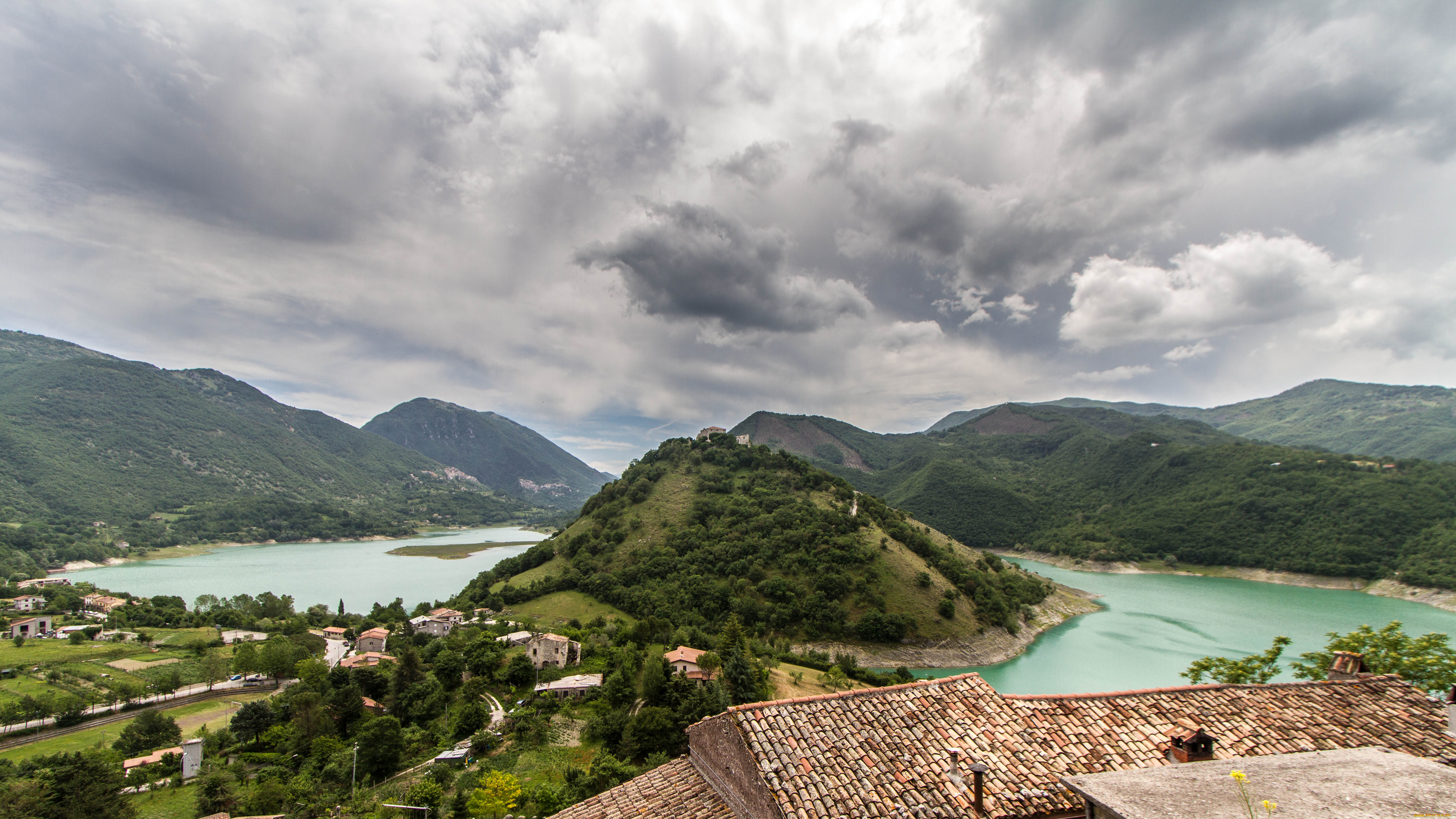 turano, lake, природа, радуга, дома, озеро, леса, горы