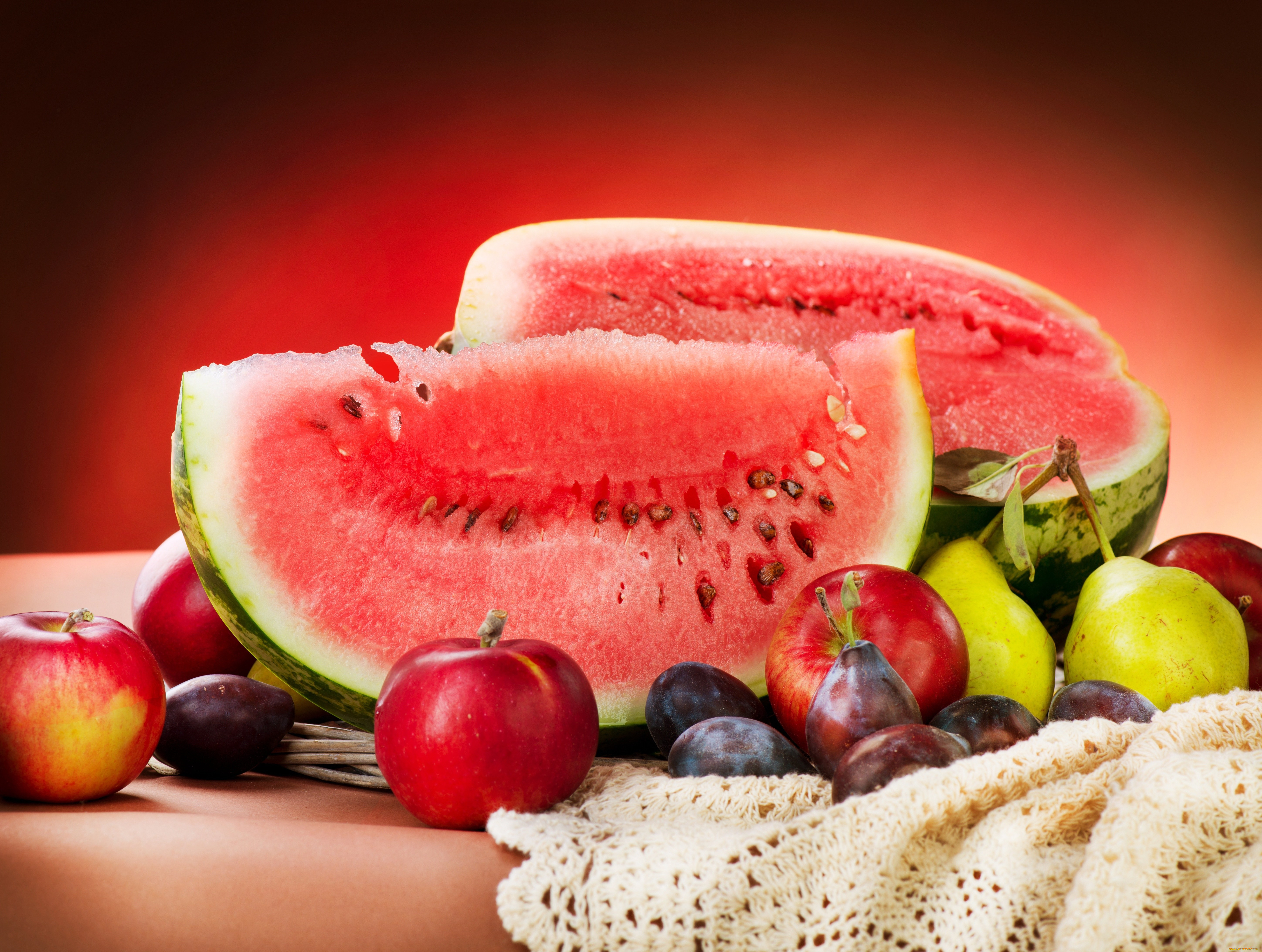 еда, фрукты, ягоды, витамины, лето, сливы, арбуз, ломтик, груши, яблоки