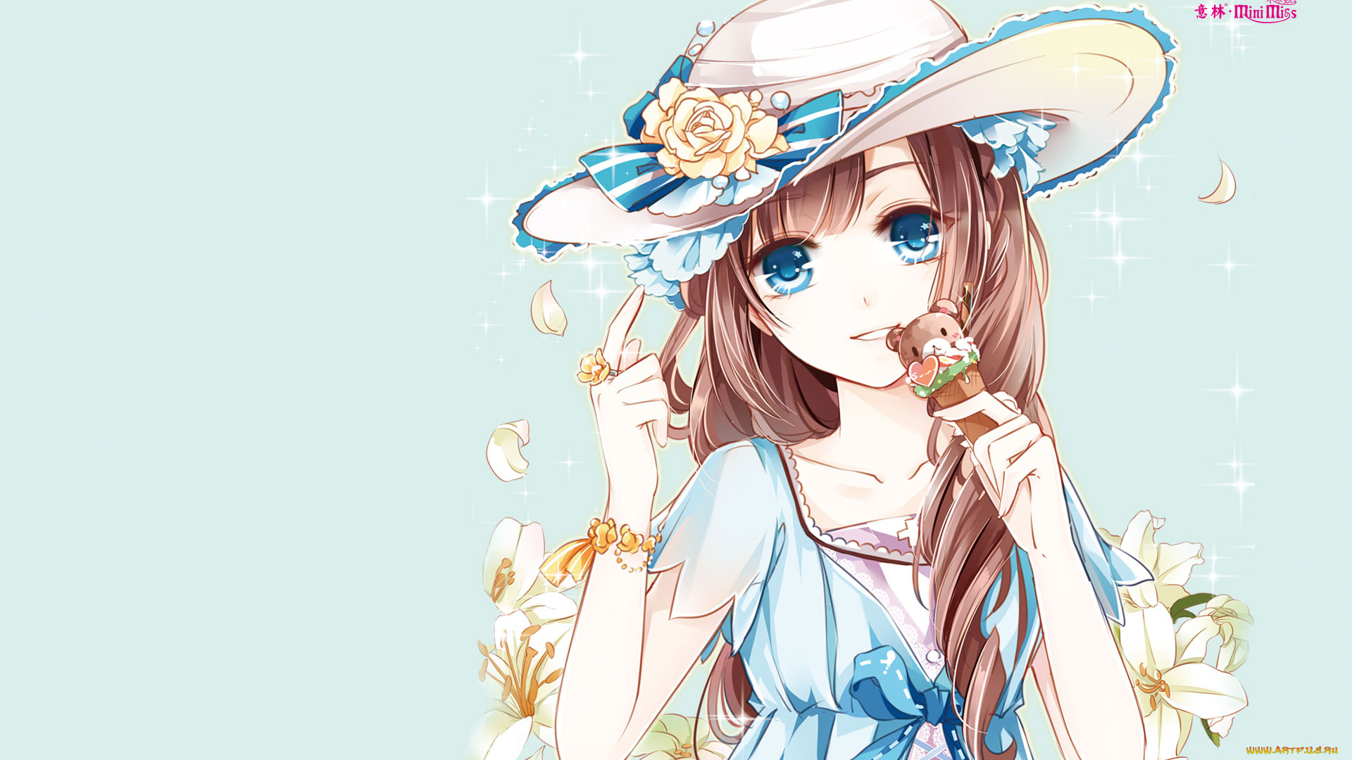 аниме, unknown, , другое, девушка, взгляд, фон, шляпа, цветы