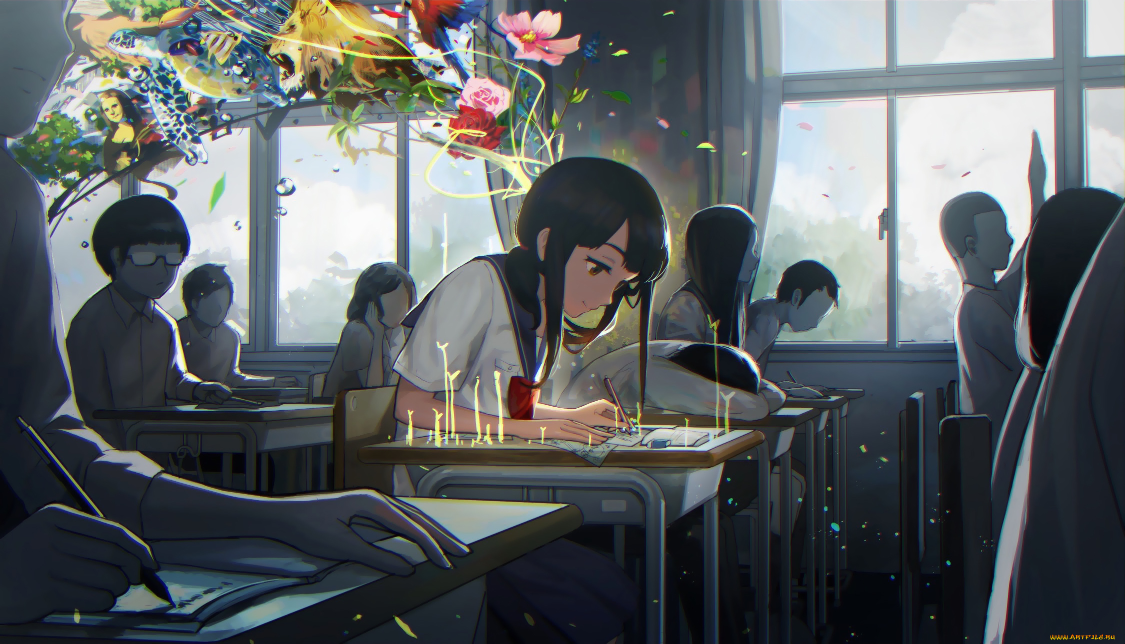 аниме, unknown, , другое, tsukun112, ученики, класс, цветы, девочка, мальчики, школа, арт, парты