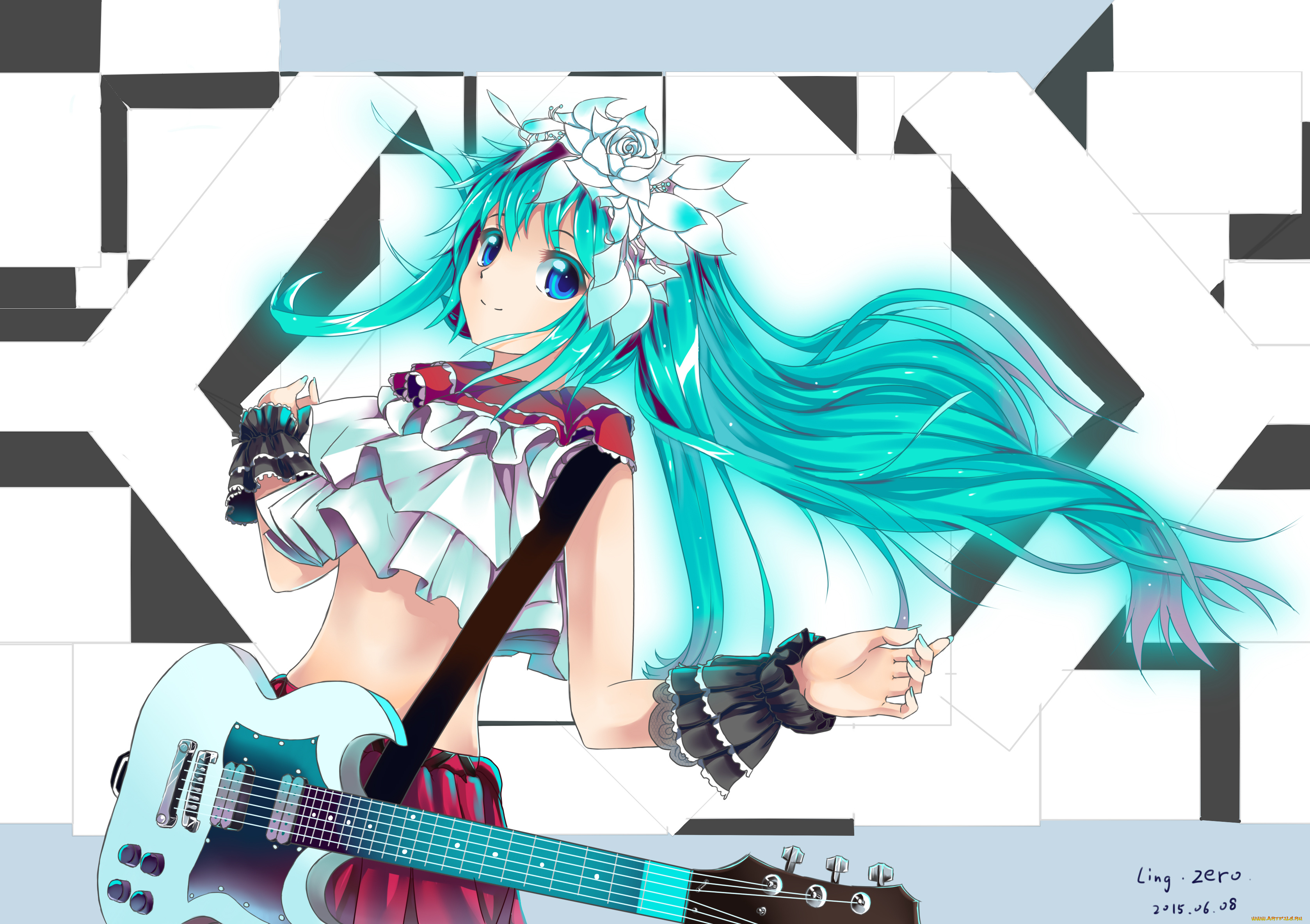 аниме, vocaloid, hatsune, miku, цветы, гитара, арт, девушка