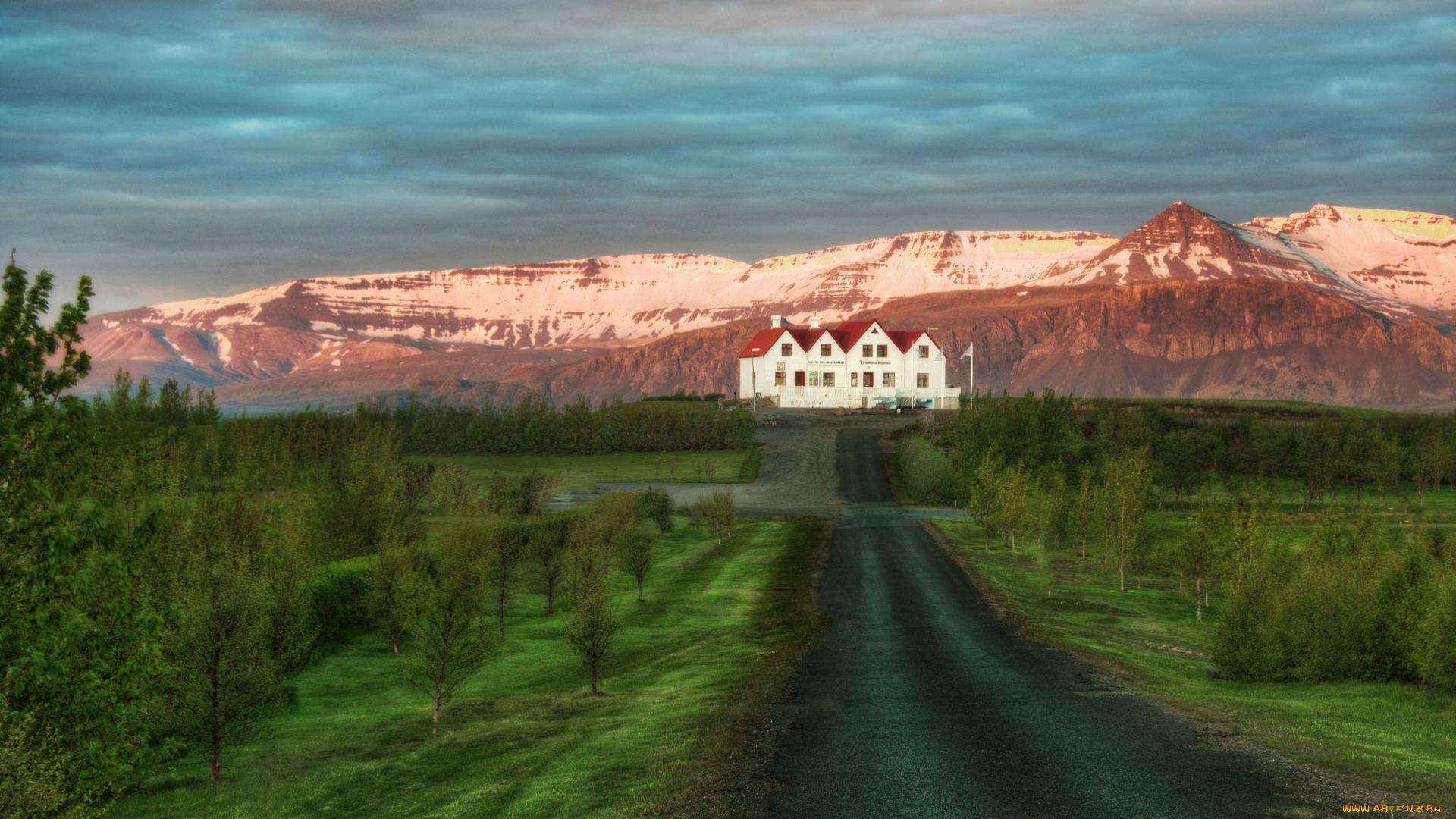 природа, дороги, пейзаж, исландия, iceland, дом, деревья, горы