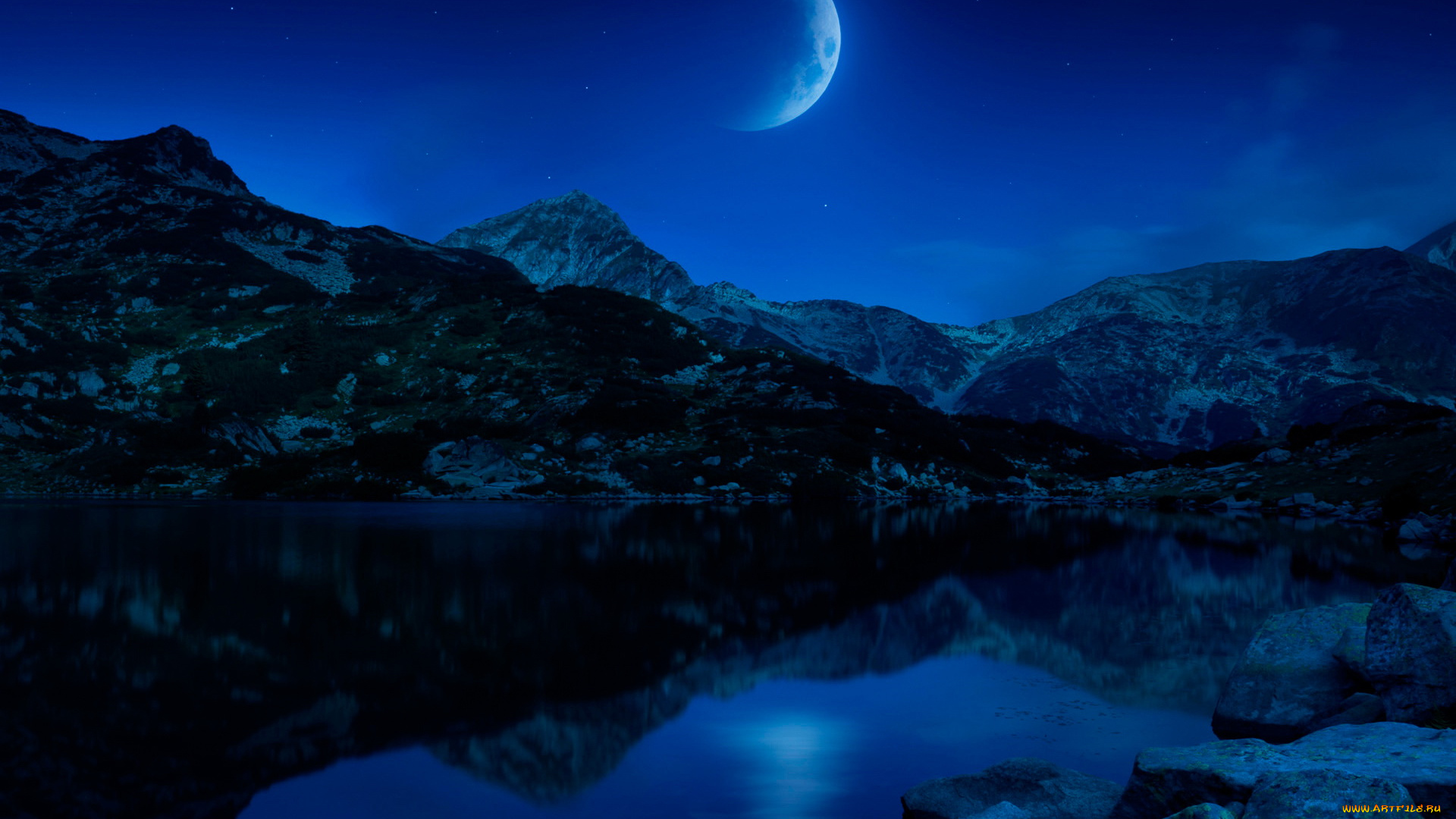 природа, горы, ночь, луна, озеро, камни