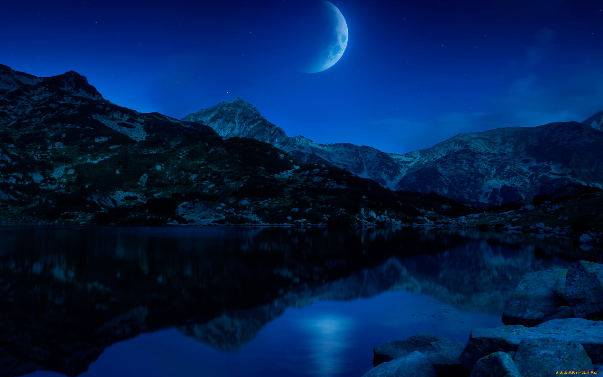 природа, горы, ночь, луна, озеро, камни