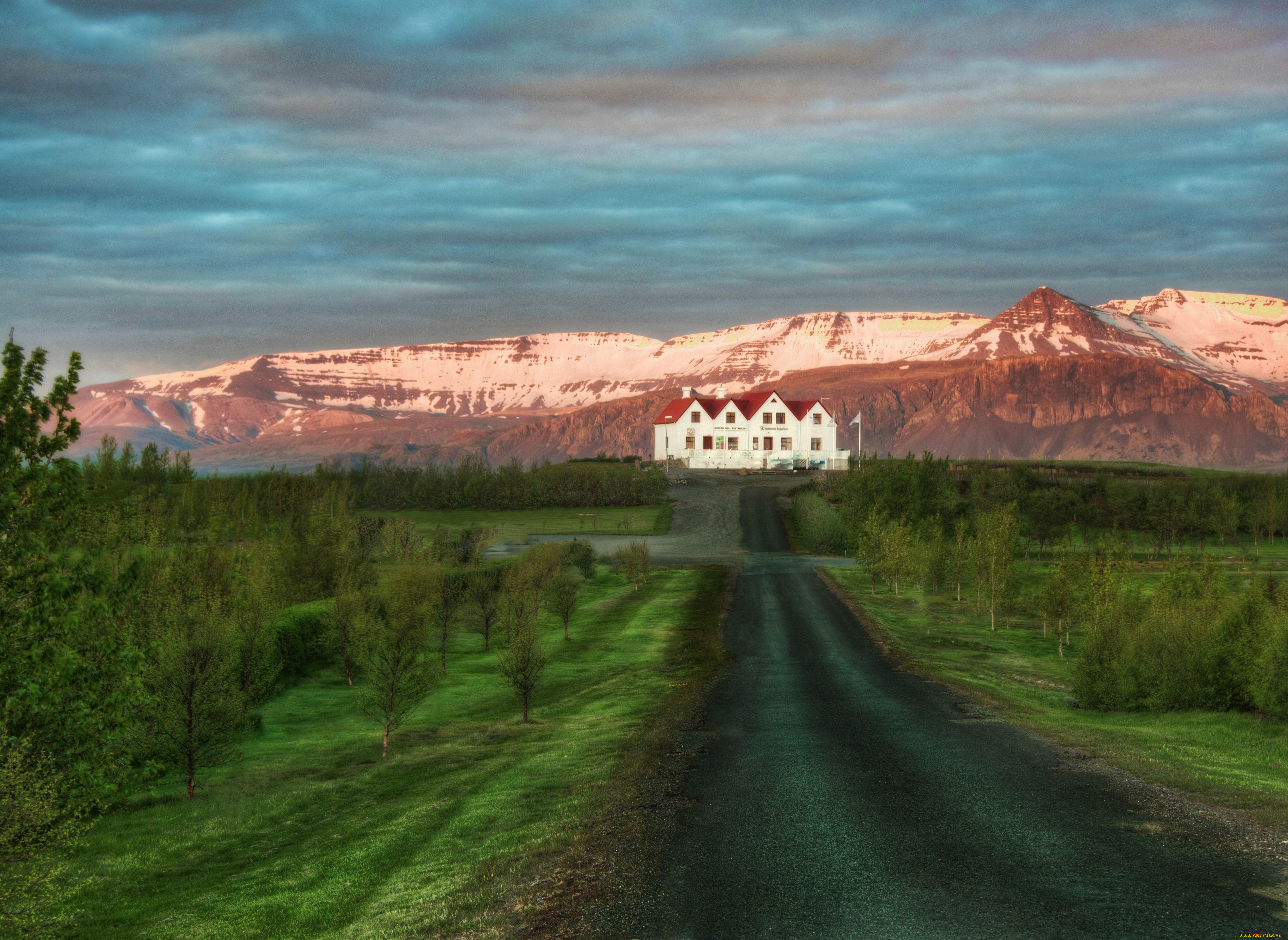 природа, дороги, пейзаж, исландия, iceland, дом, деревья, горы