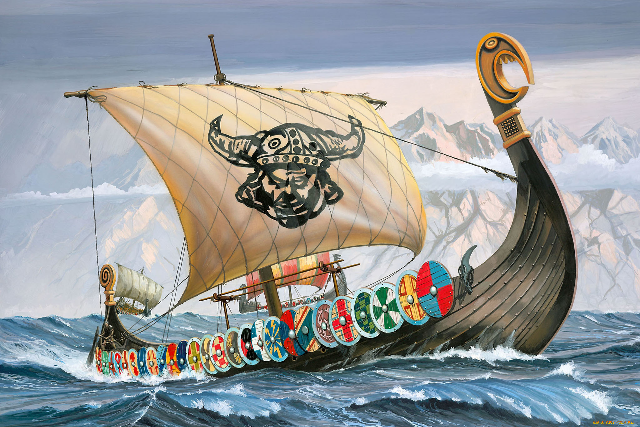 фэнтези, корабли, викинги, море, мореходы, корабль-дракон
