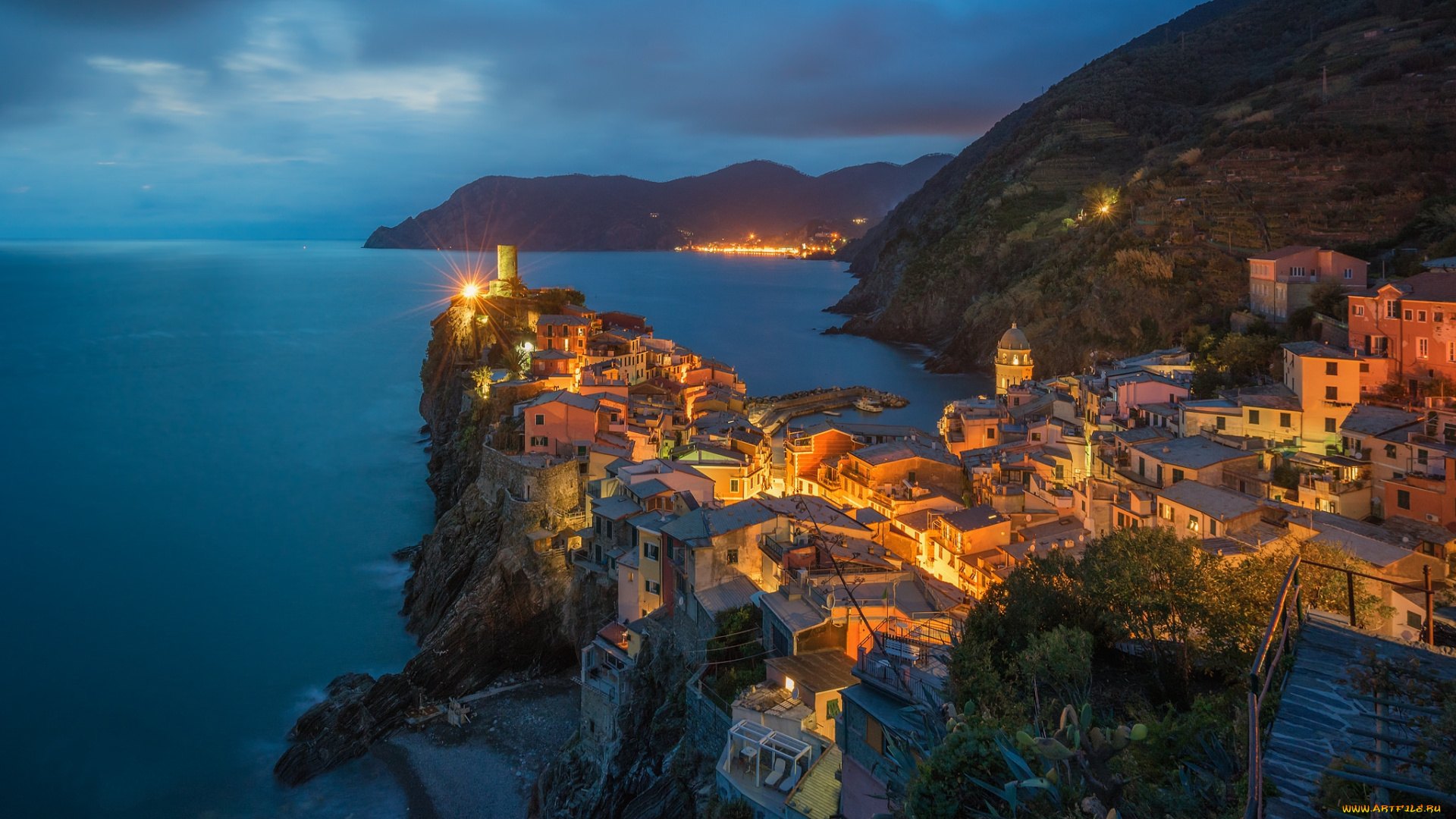 vernazza, города, -, огни, ночного, города, побережье