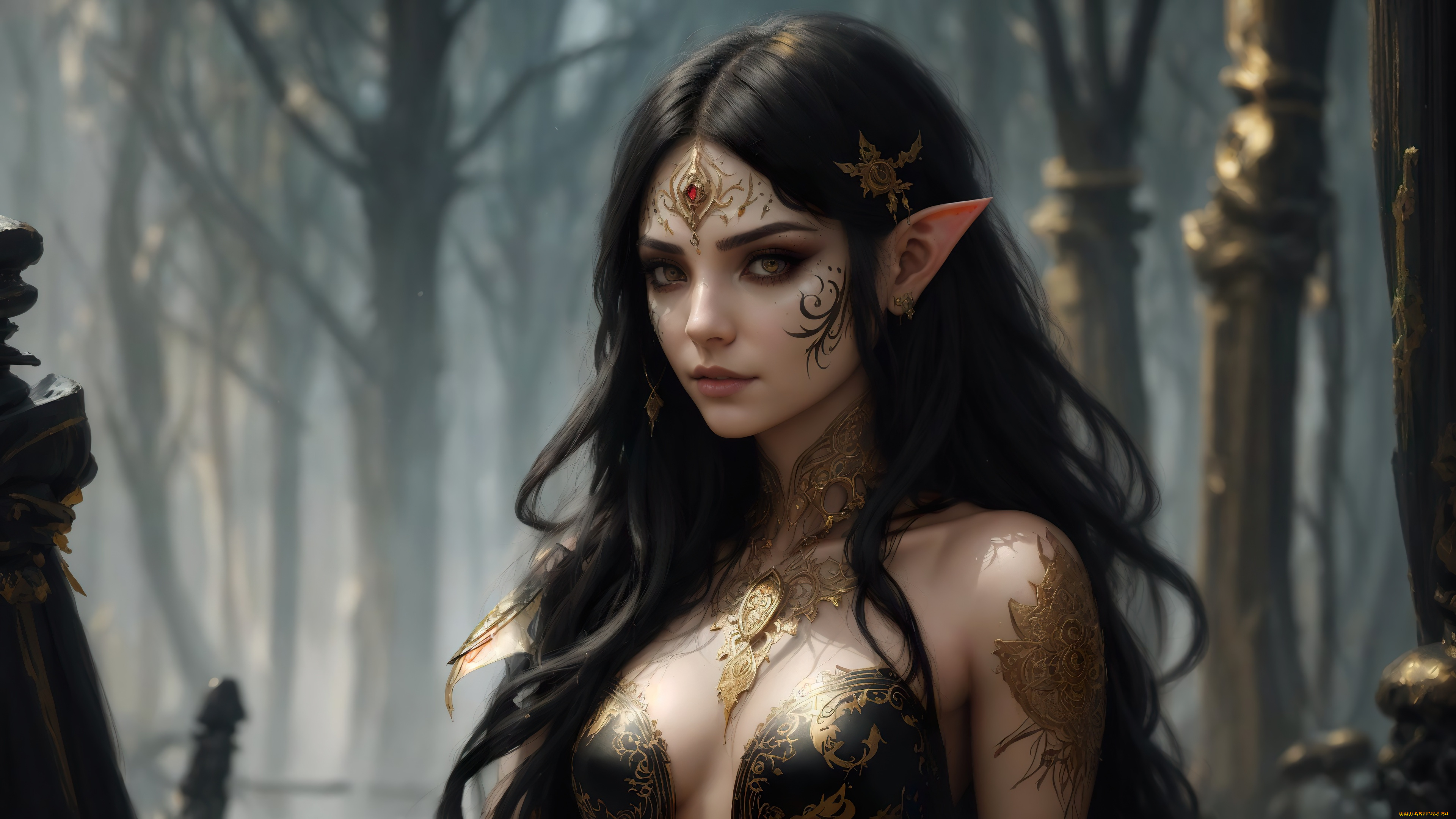 красотка, 3д, графика, фантазия, , fantasy, girl, nature, art, elf, digital, black, clothes