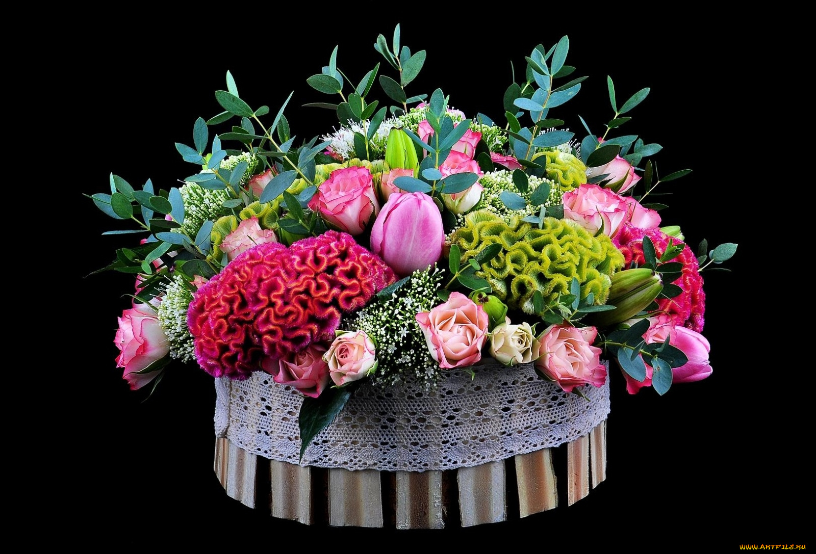 цветы, букеты, композиции, розы, гребешки, амарант, тюльпаны