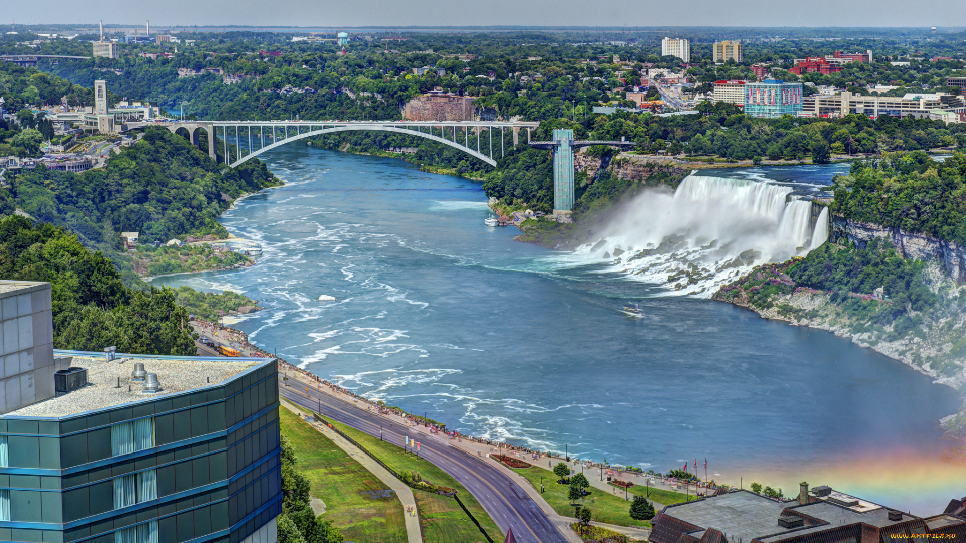 niagara, falls, and, rainbow, bridge, природа, водопады, ниагарский, водопад, радужный, мост, панорама