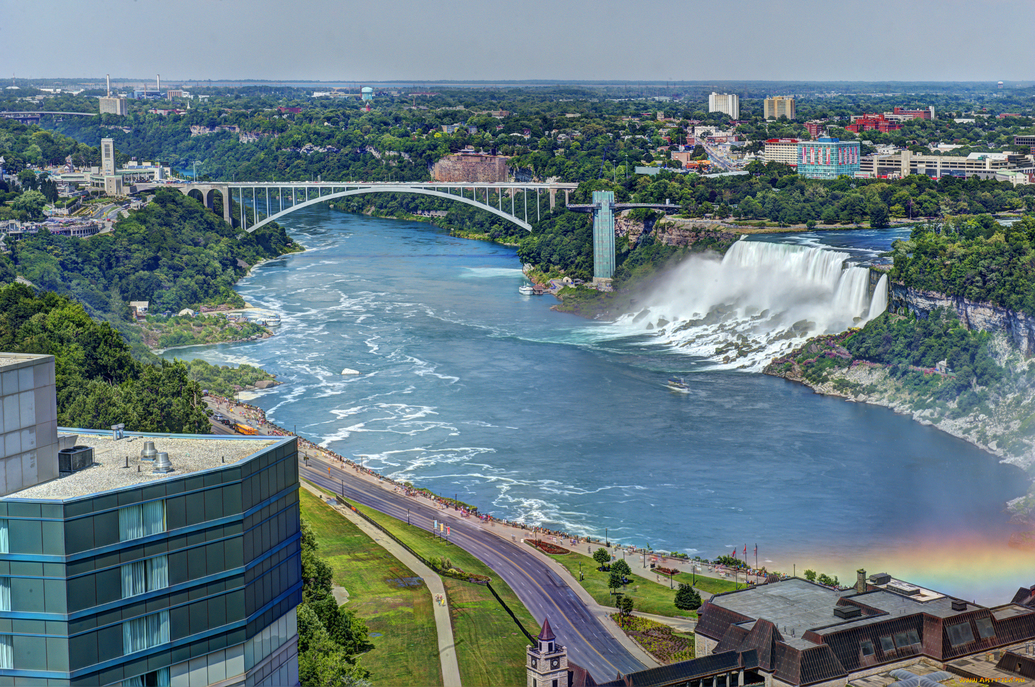 niagara, falls, and, rainbow, bridge, природа, водопады, ниагарский, водопад, радужный, мост, панорама