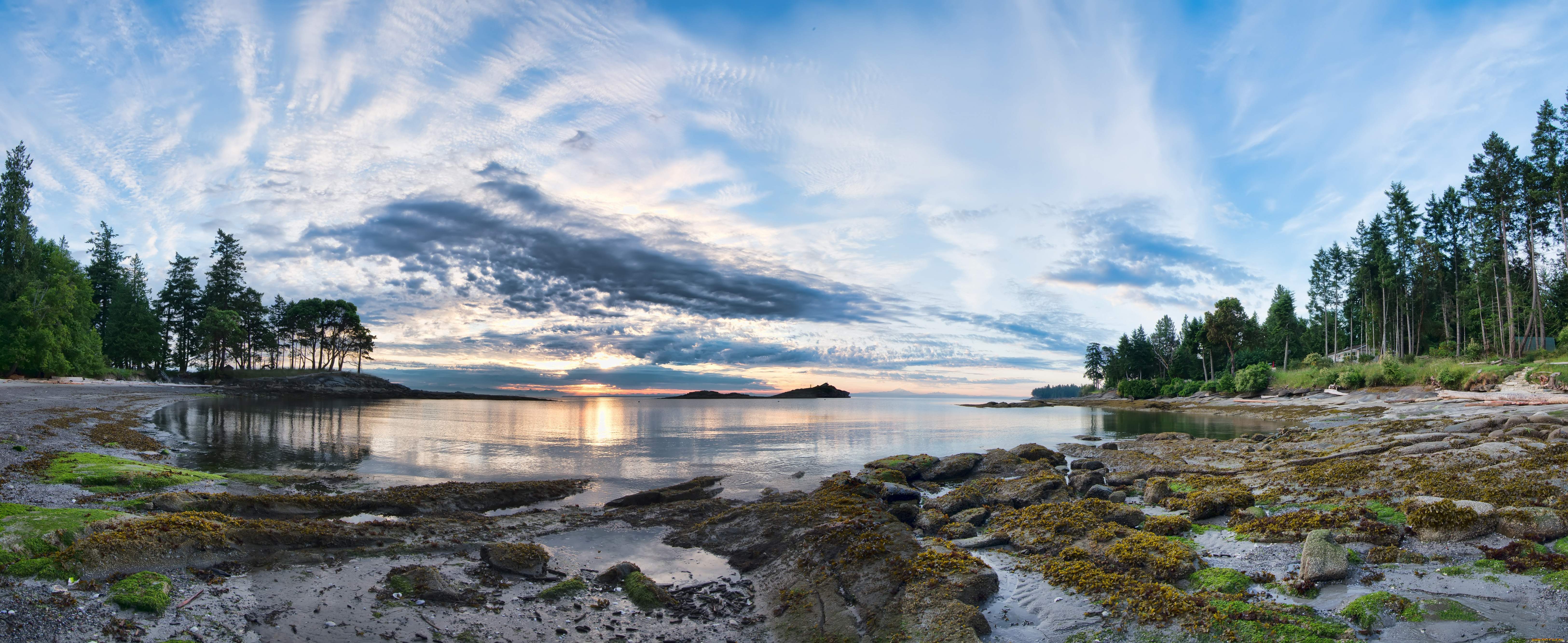 galiano, island, panorama, british, columbia, природа, пейзажи, мох, трава, камни, лес, океан, побережье, острова, свет, облака