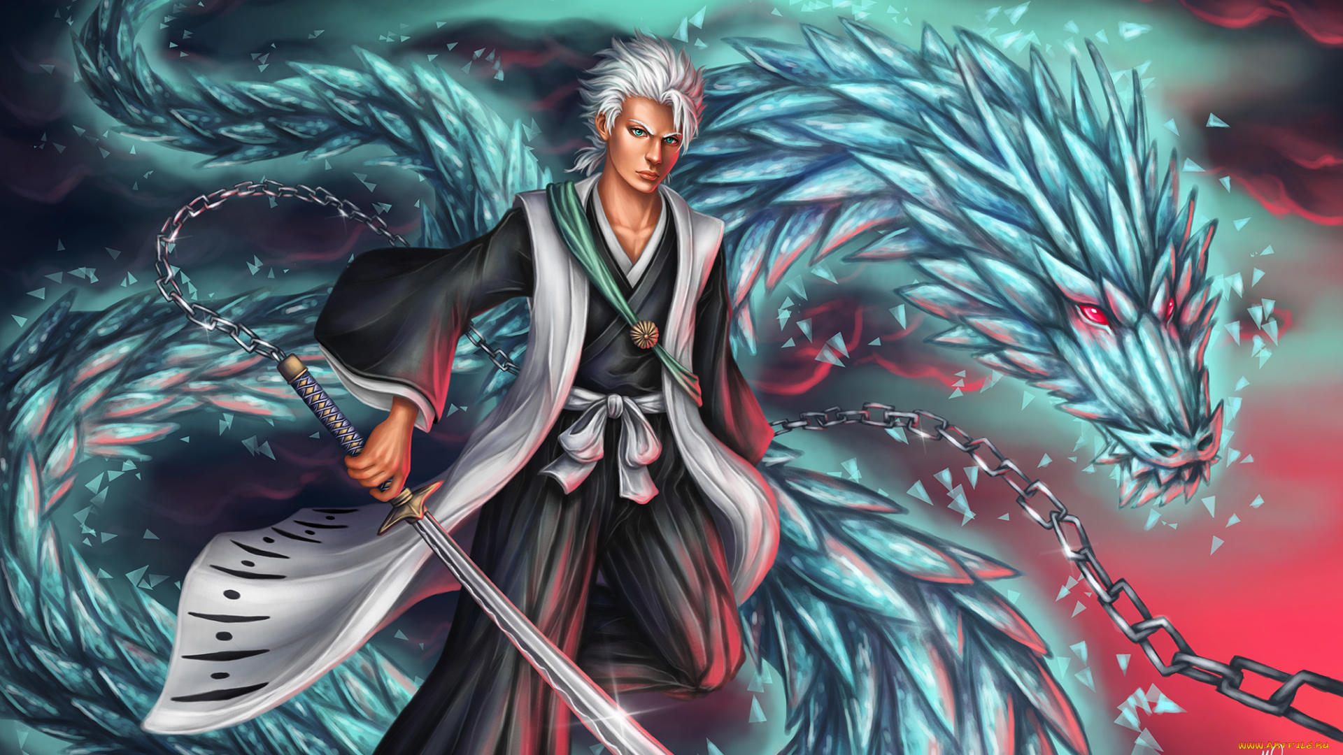 аниме, bleach, цепь, дракон, меч, парень, toshiro, арт