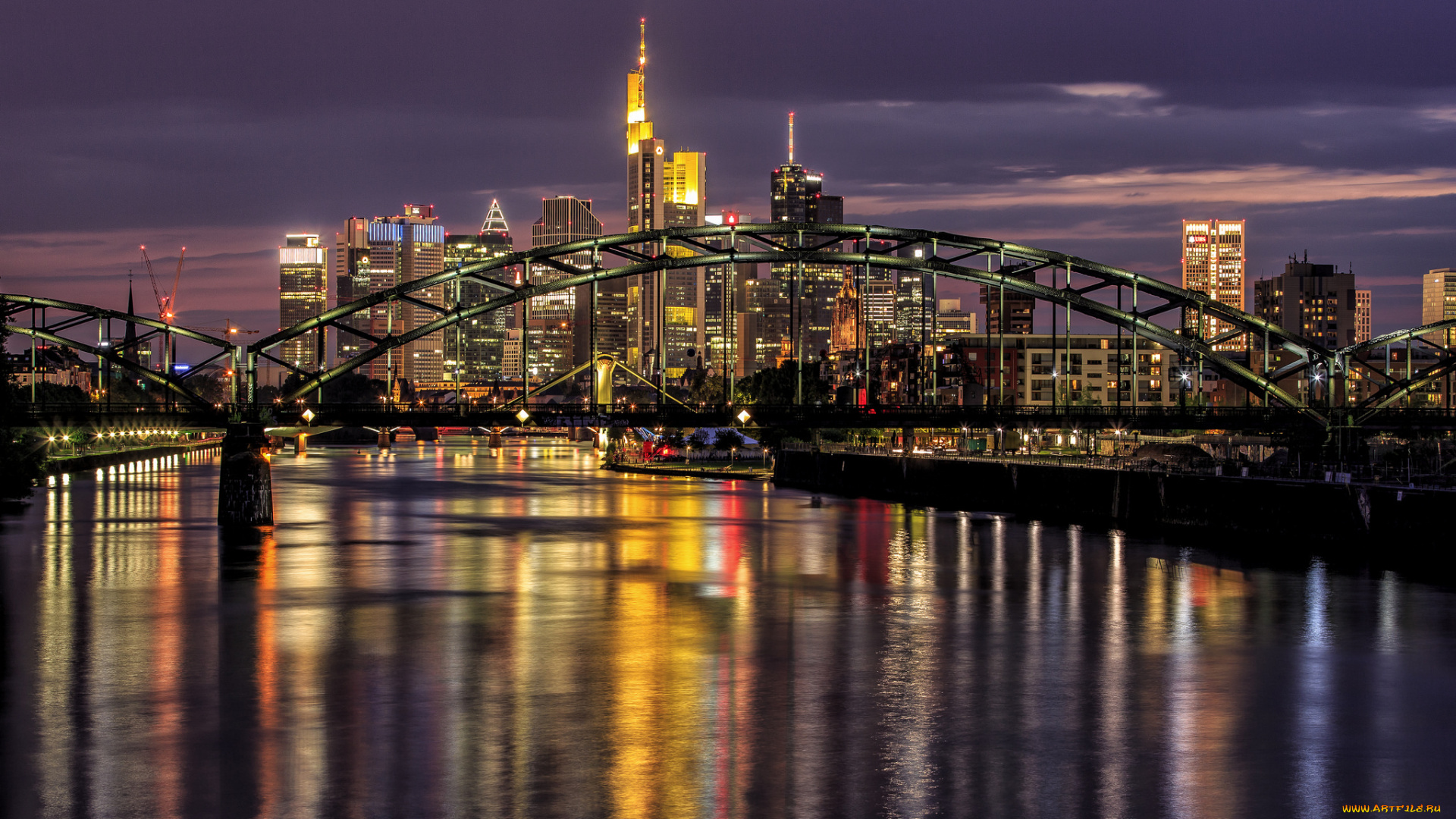 frankfurt, , germany, города, франкфурт-на-майне, , германия, мост, река, ночной, город, франкфурт-на-майне, germany