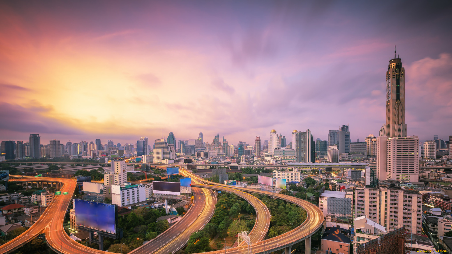 bangkok, city, города, бангкок, , таиланд, башня, магистраль, рассвет