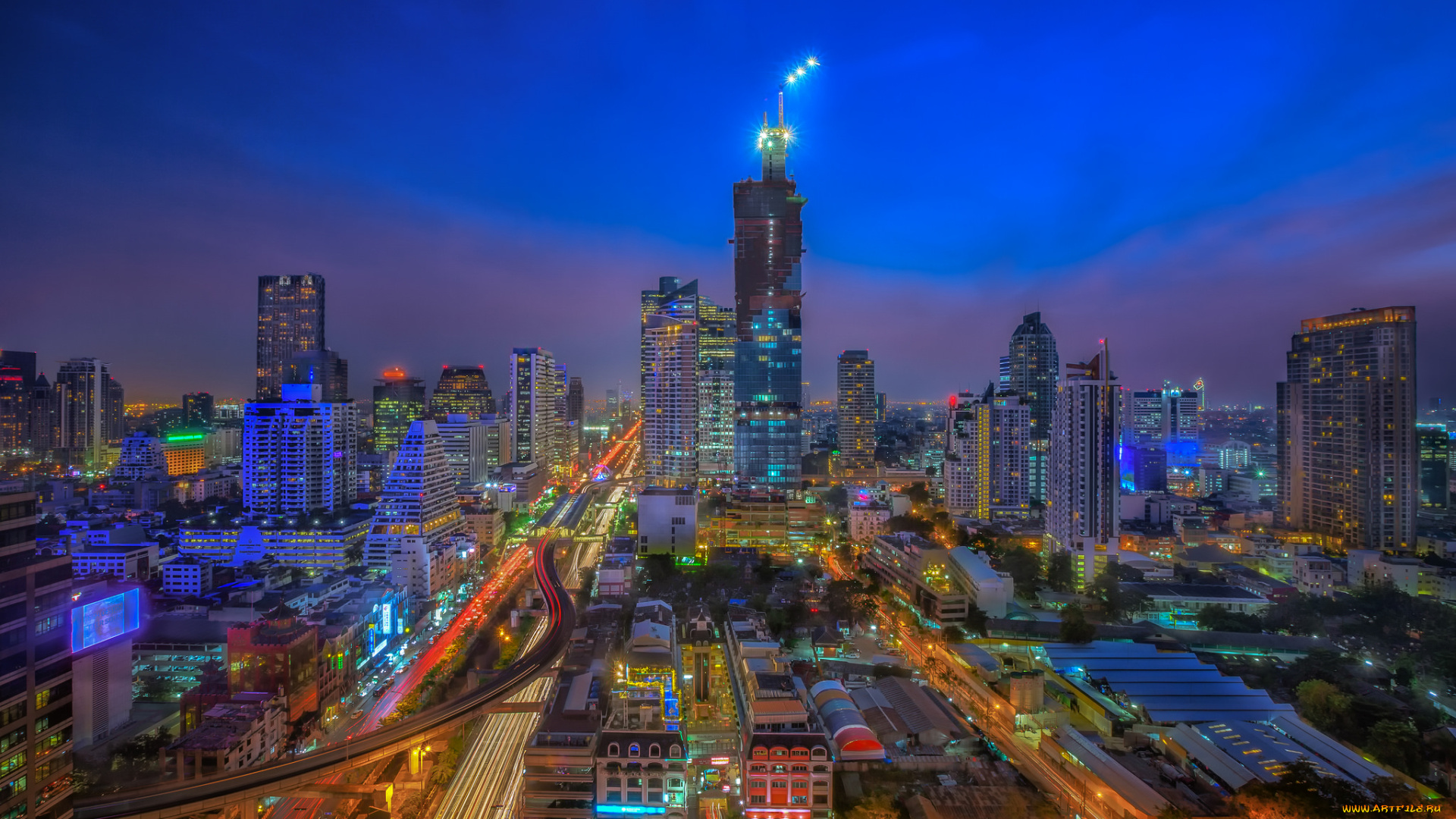 bangkok, city, night, города, бангкок, , таиланд, ночь, башня, магистраль, огни