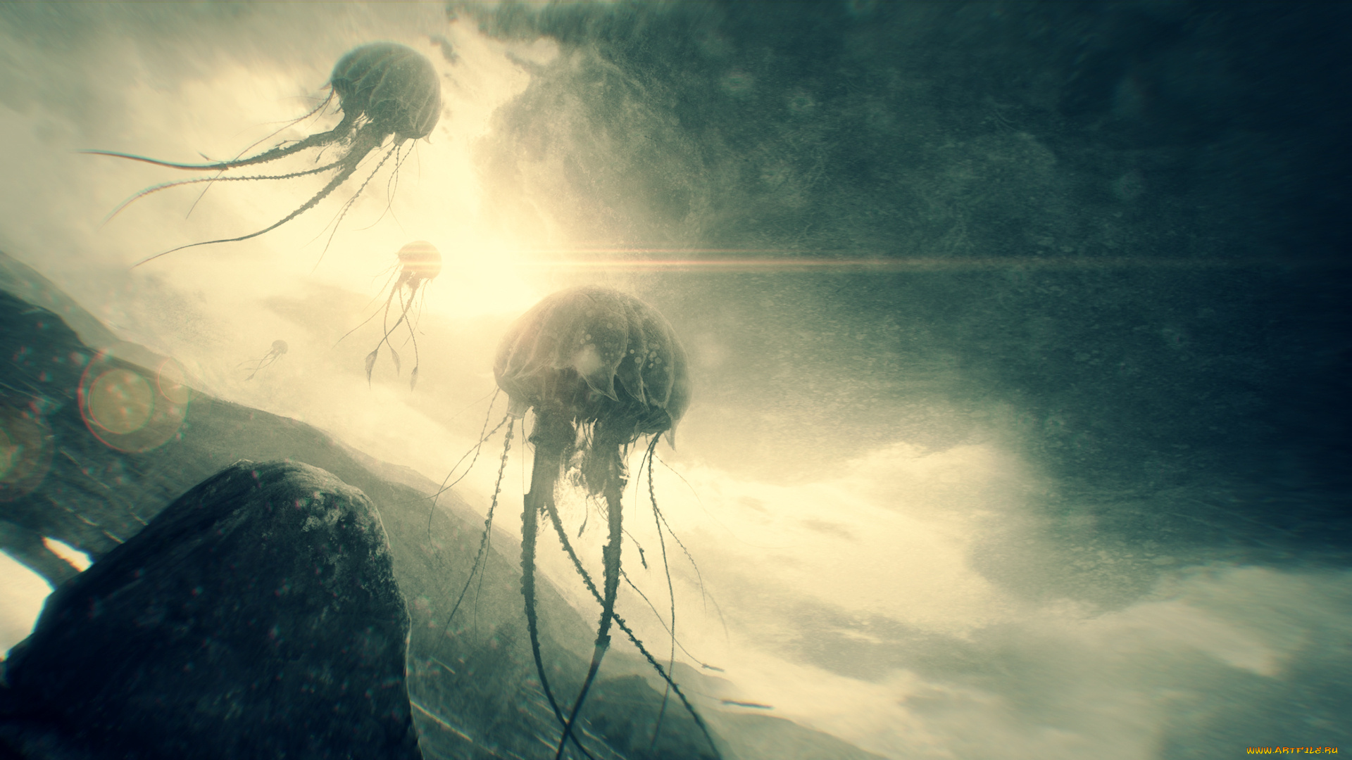 фэнтези, существа, creatures, huge, jellyfish, floating, sky