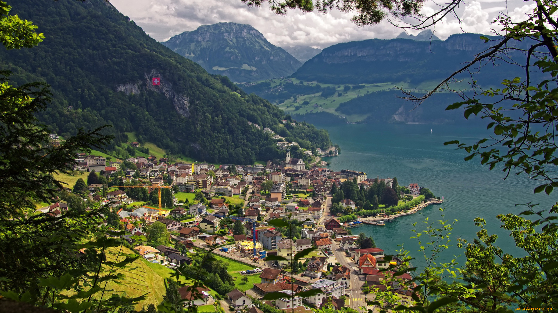 города, -, пейзажи, lake, lucerne, gersau, панорама, швейцария, поля, леса, озеро, горы