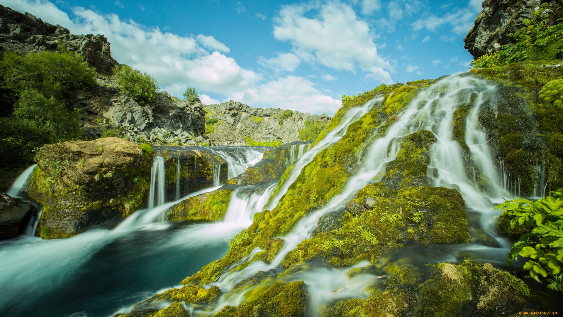 природа, водопады, каскад, исландия, iceland, мох, камни, река