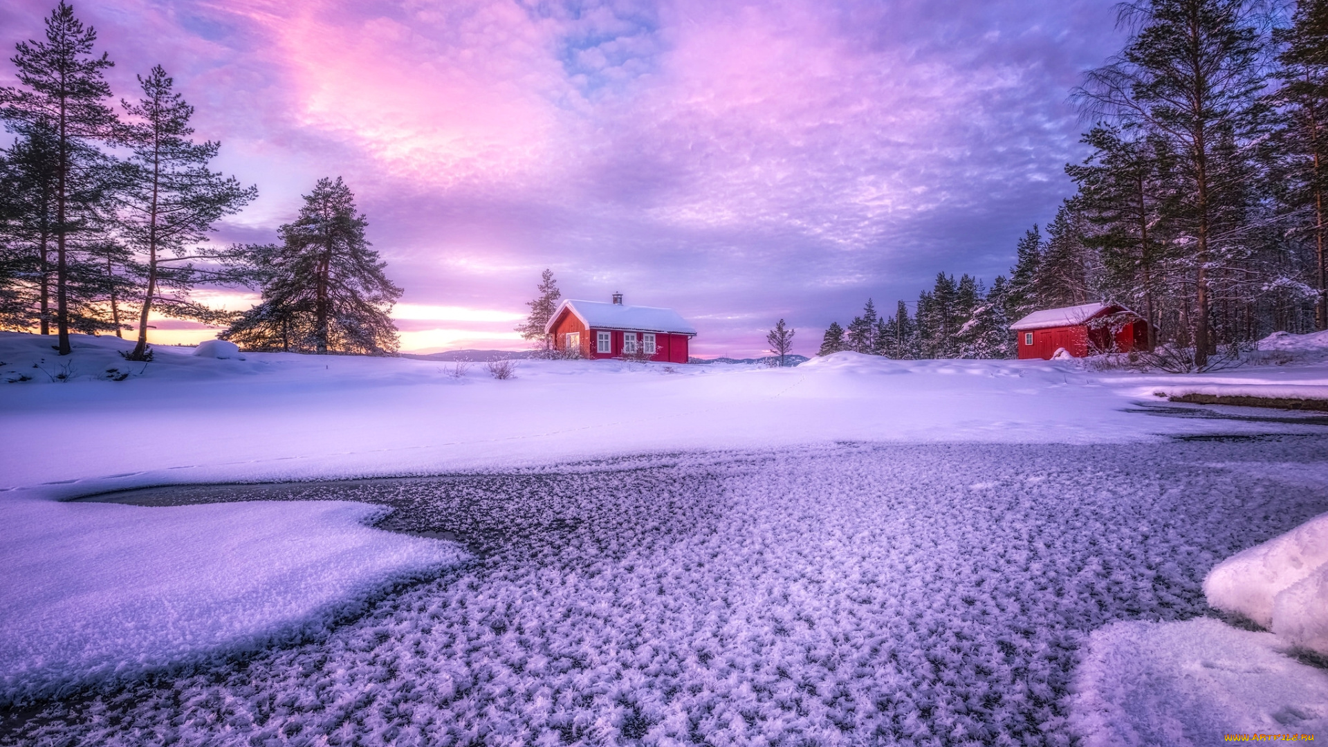 природа, зима, озеро, норвегия, norway, ringerike, рингерике, деревья, облака, дома, снег