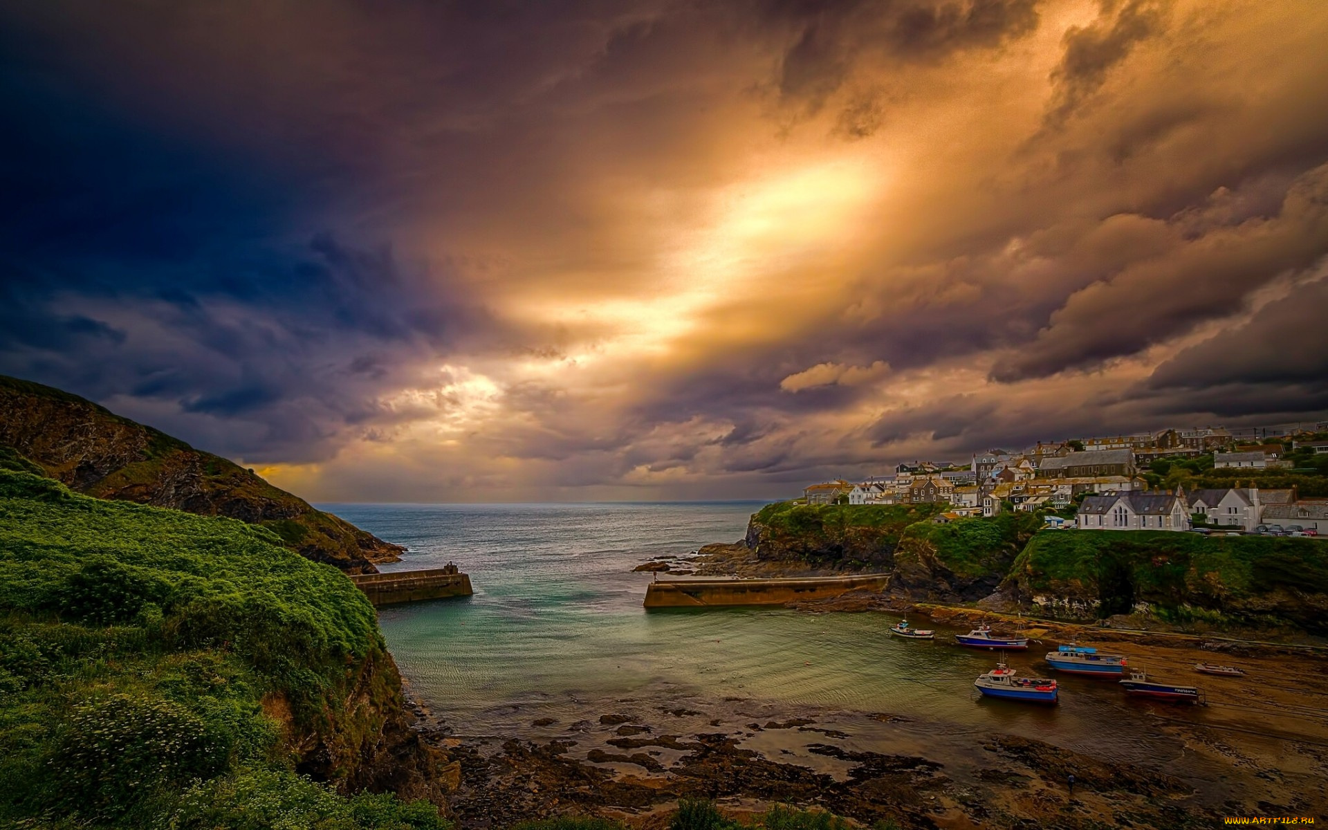 города, -, пейзажи, cornwall, england, celtic, sea, port, isaac, порт, исаак, англия, корнуолл, кельтское, море, корабли, деревня, побережье, бухта, тучи