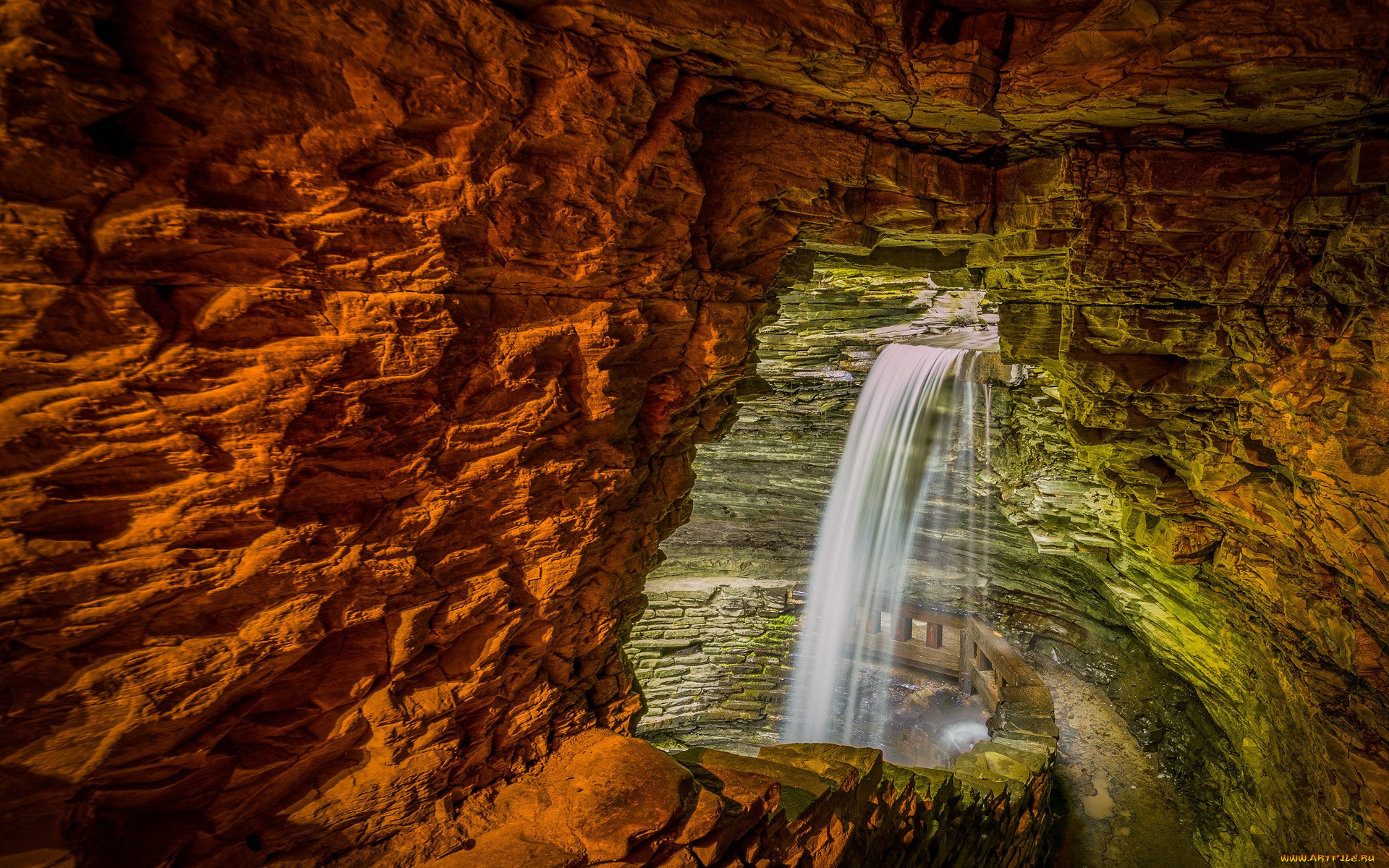 природа, водопады, cavern, cascade, watkins, glen, state, park, водопад, пещера, скалы, камни
