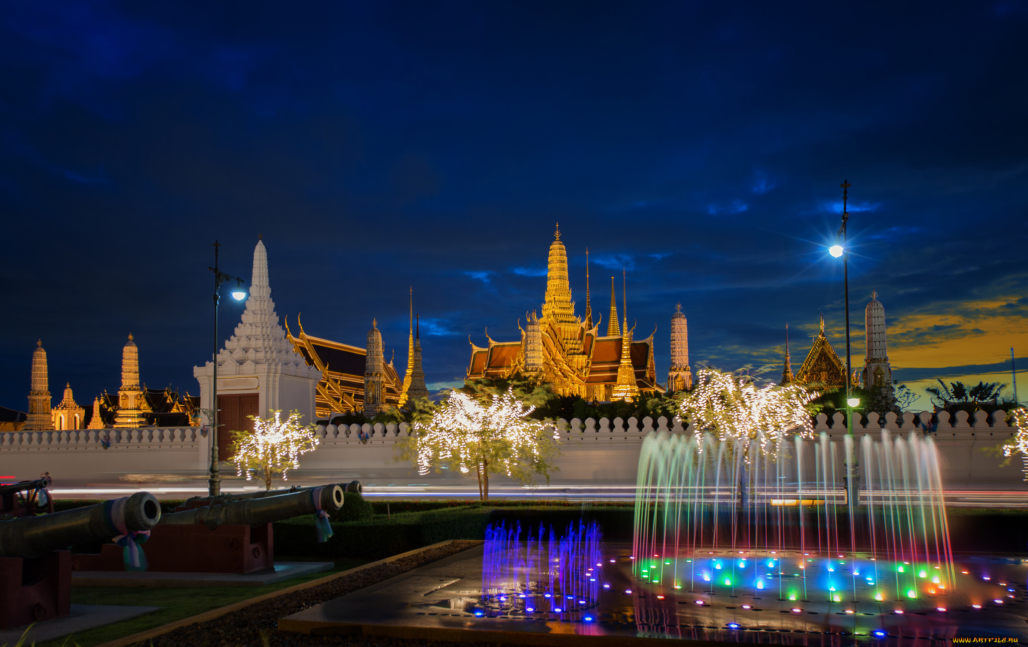 bangkok, города, бангкок, , таиланд, храм, фонтан, ночь