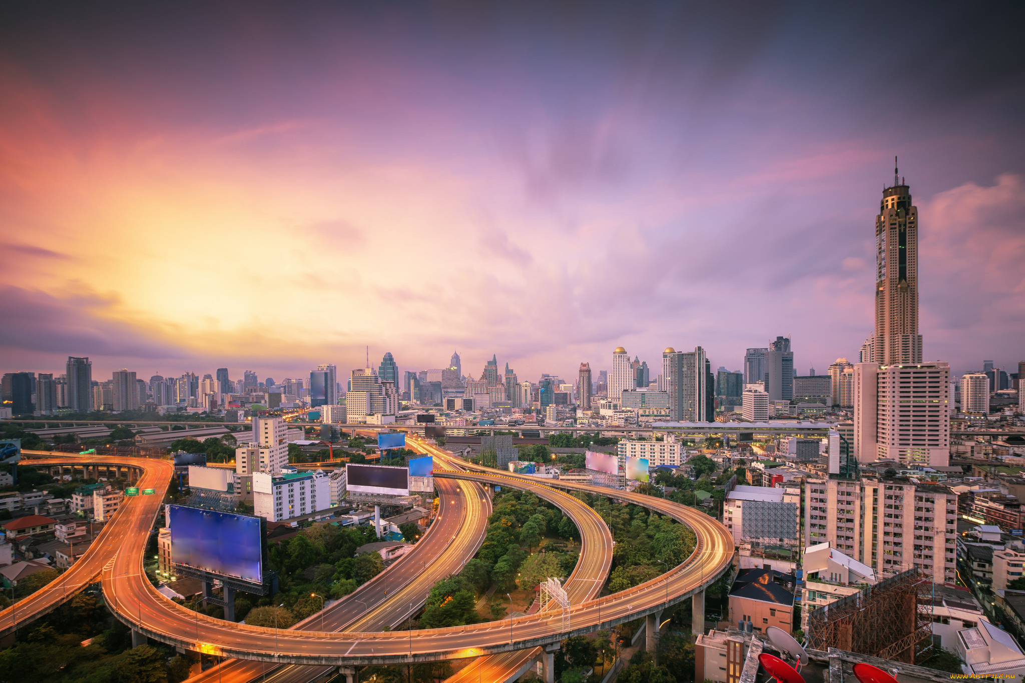 bangkok, city, города, бангкок, , таиланд, башня, магистраль, рассвет